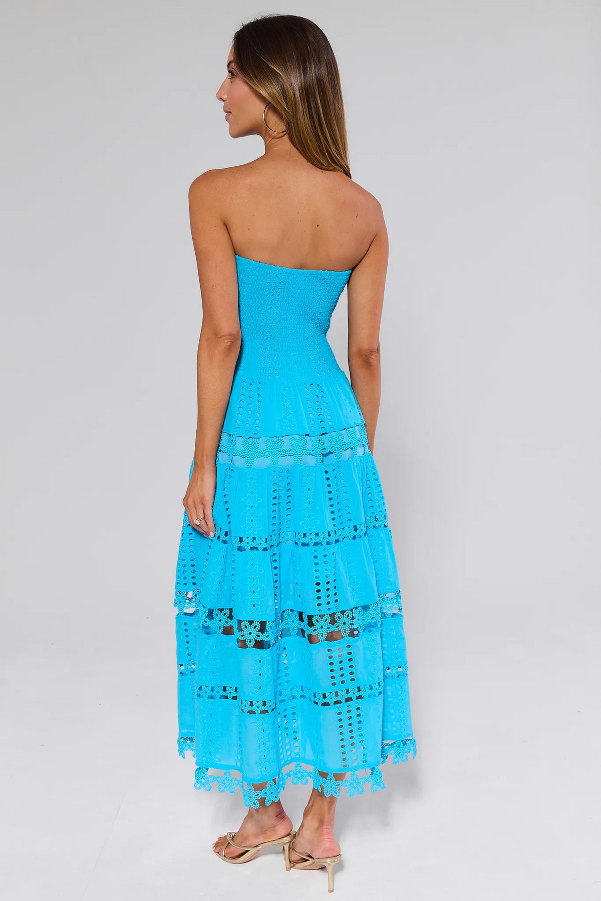 Cecilia Blue Strapless Midi Dress eyelet lace tiered skirt and smocked back - Back View | Avara