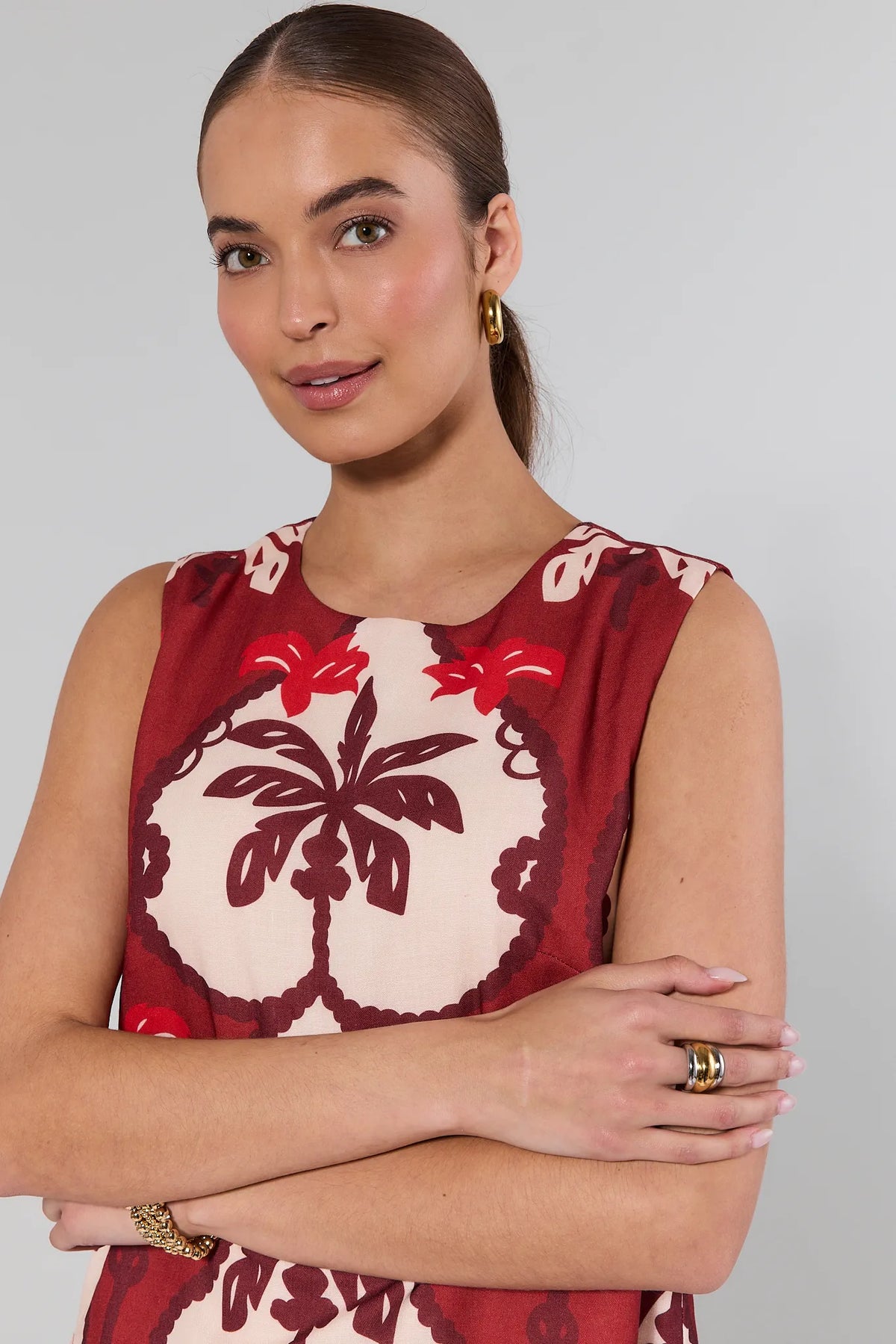 Celine Maroon Printed Tank Top - Close-Up Front Detail, Palm Print Neckline | Avara