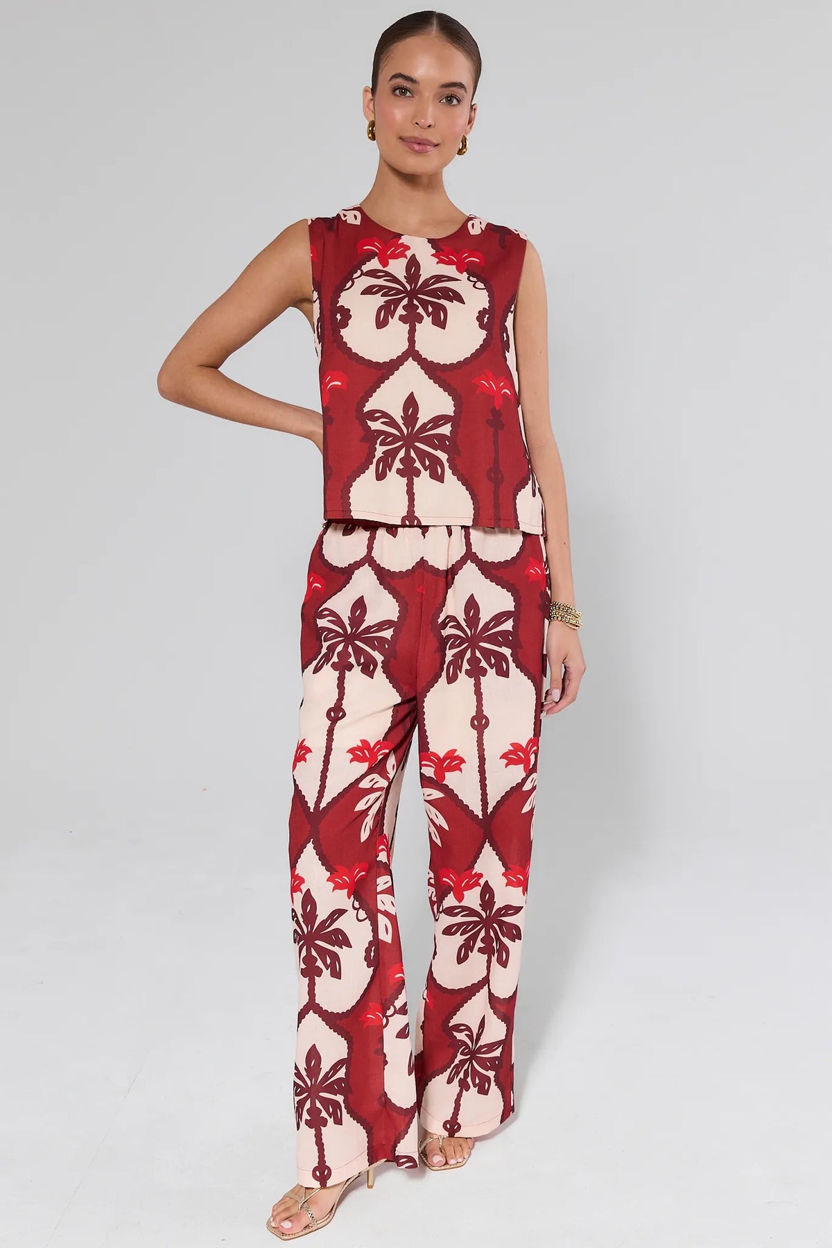 Celine Maroon Printed Tank Top - Full Body Styled with Matching Pants, Resort Look | Avara