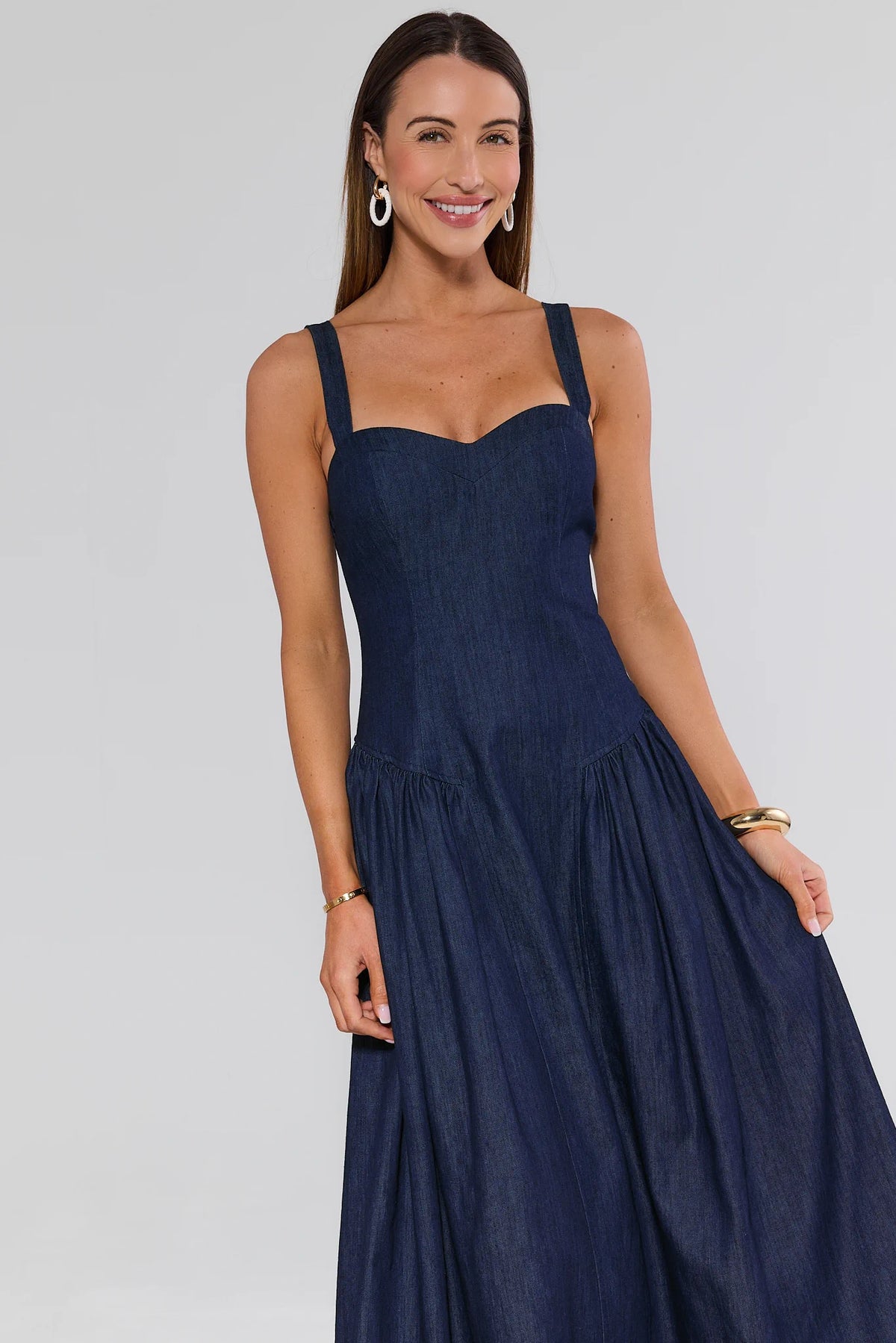 Navy chambray Suzanne Drop Waist Maxi Dress - Front Crop View, sweetheart neckline | Avara