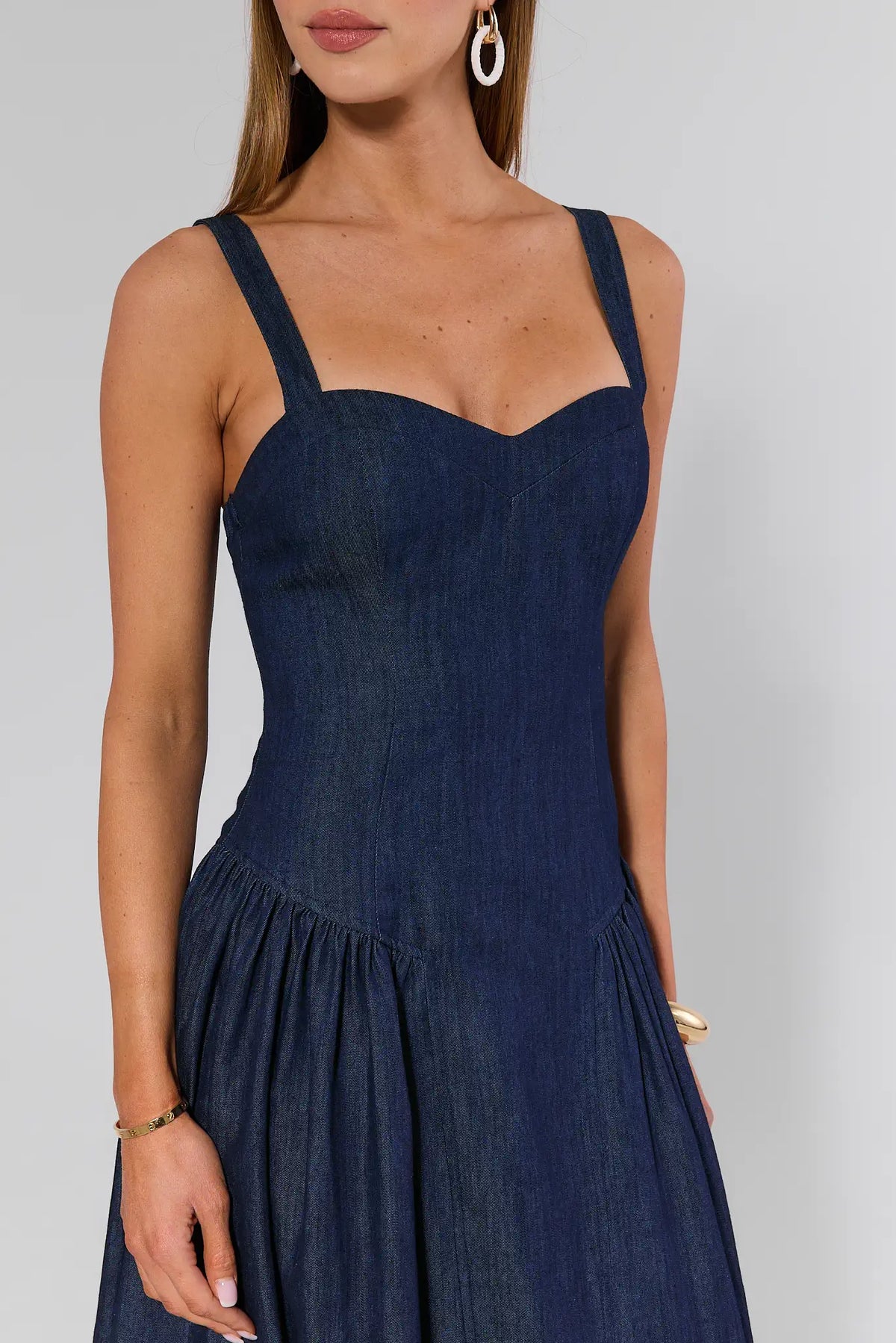Navy denim Suzanne Drop Waist Maxi Dress - Bodice Close-Up Detail, drop waist seam | Avara