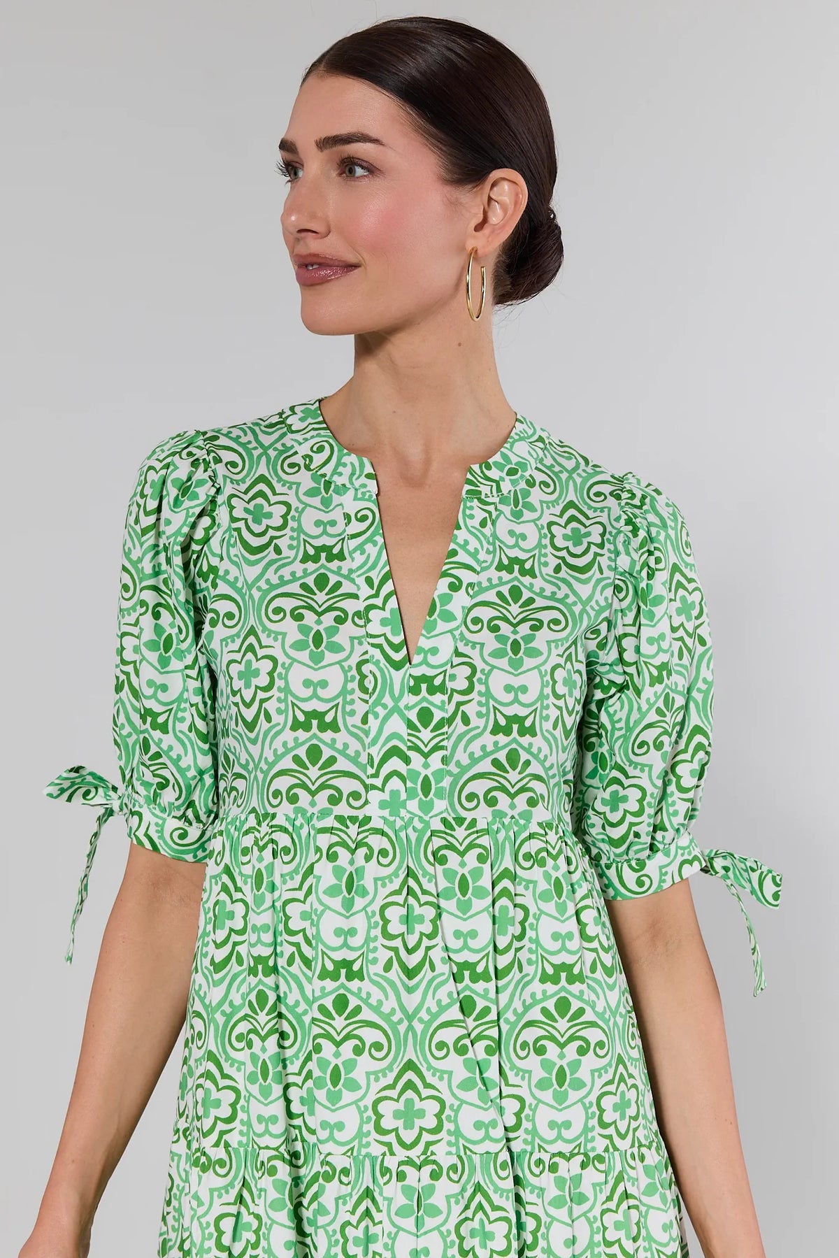 Harriet Green Floral Print Midi Dress with V-neckline and tie-sleeve detail - Close-Up | Avara