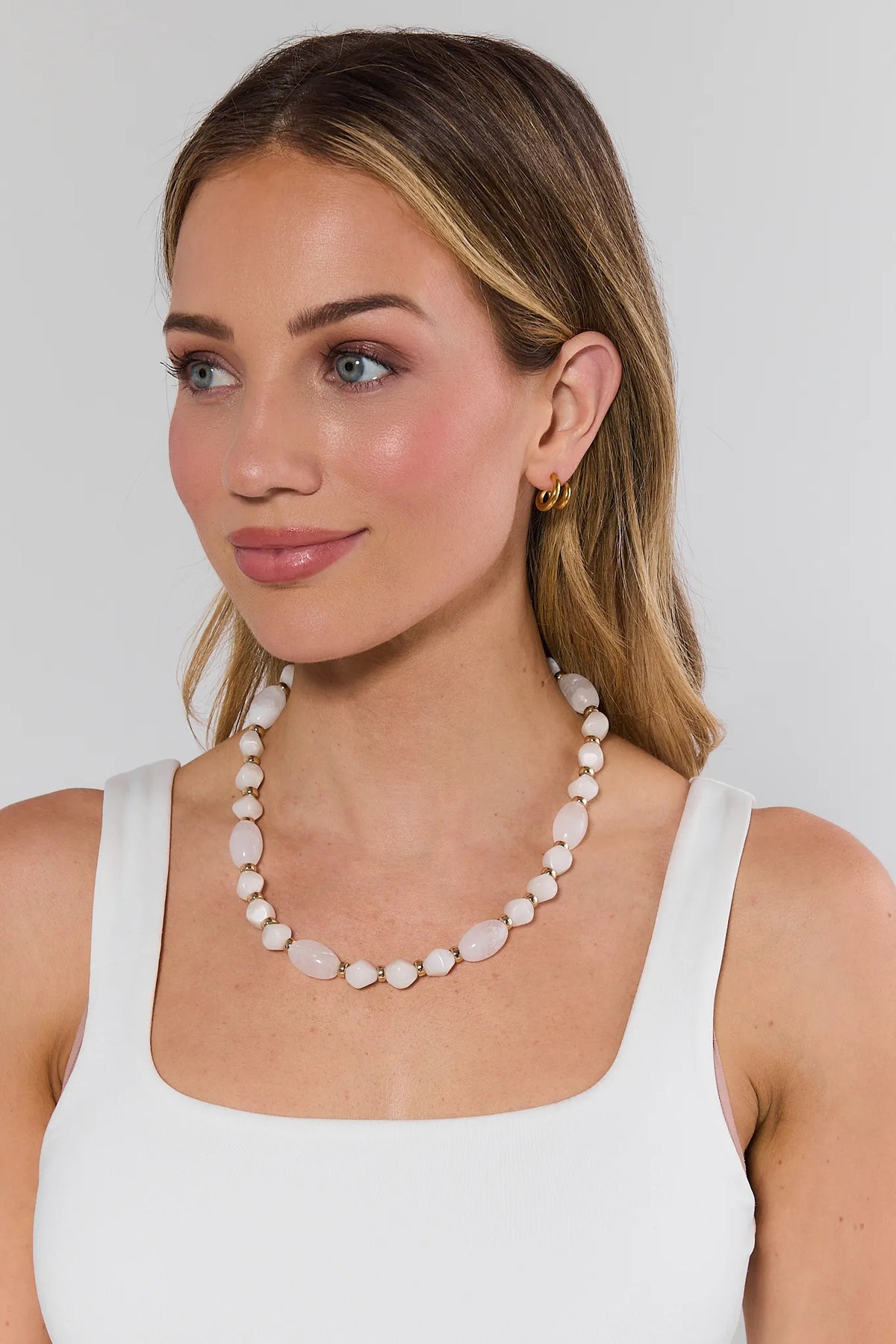 Maris Ivory Beaded Necklace worn on model with white tank top - On Model Front View | Avara