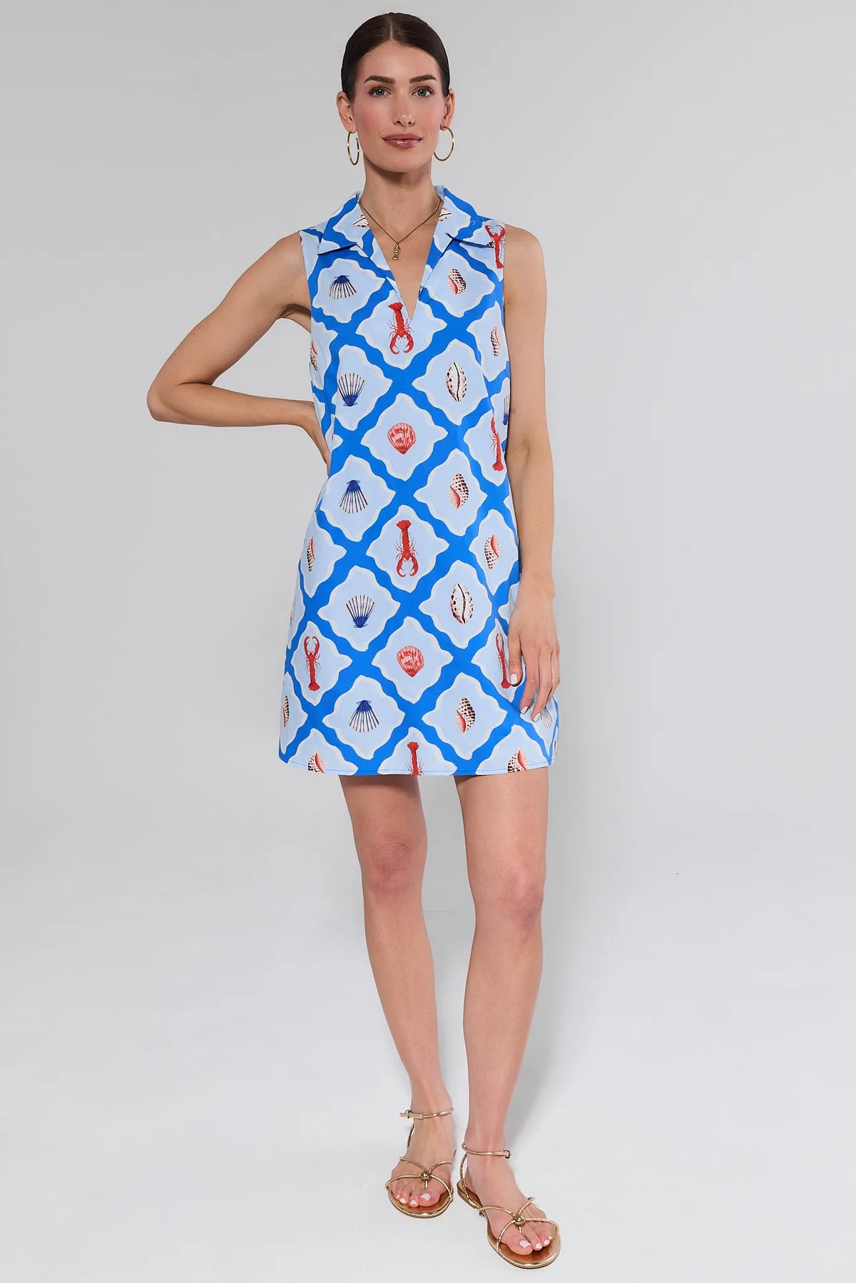 Ellen Blue Seaside Short Dress full-length front view, sleeveless shift silhouette with lobster seashell print, styled with gold sandals | Avara