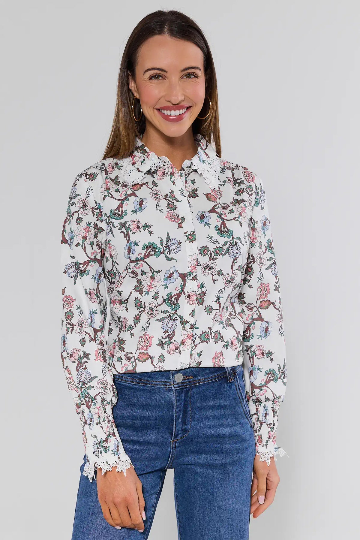 Penny White Floral Print Top with smocked lace cuffs styled with denim - Front View | Avara