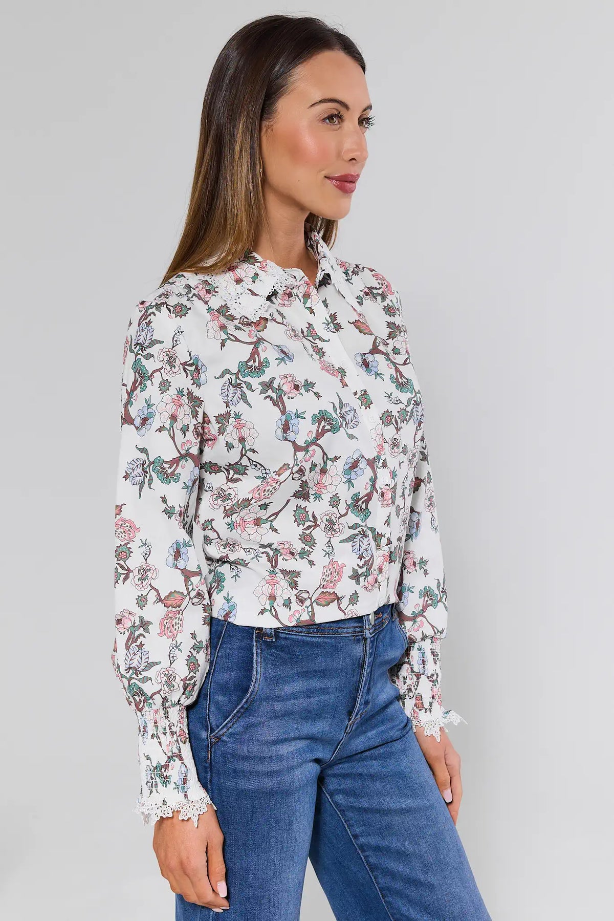 Penny White Floral Print Top long sleeve floral blouse with jeans - Side View | Avara