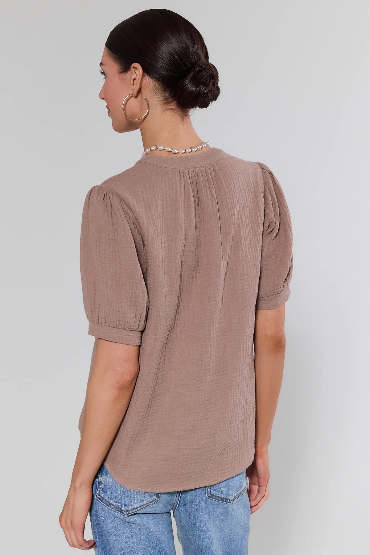 Tammy Taupe Gauze Top - Back View Showing Puff Sleeves and Relaxed Fit | Avara