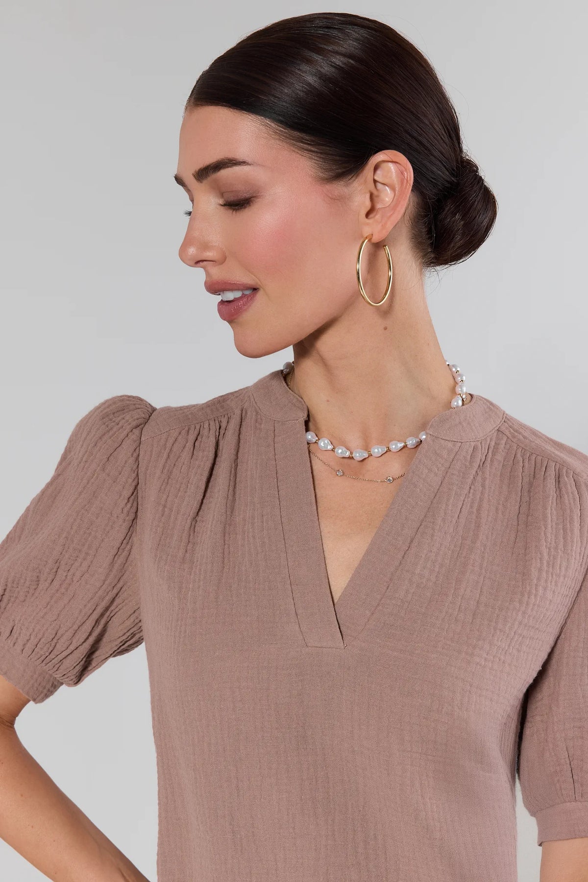 Tammy Taupe Gauze Top - Close-Up of V-Neckline and Puff Sleeve Detail | Avara