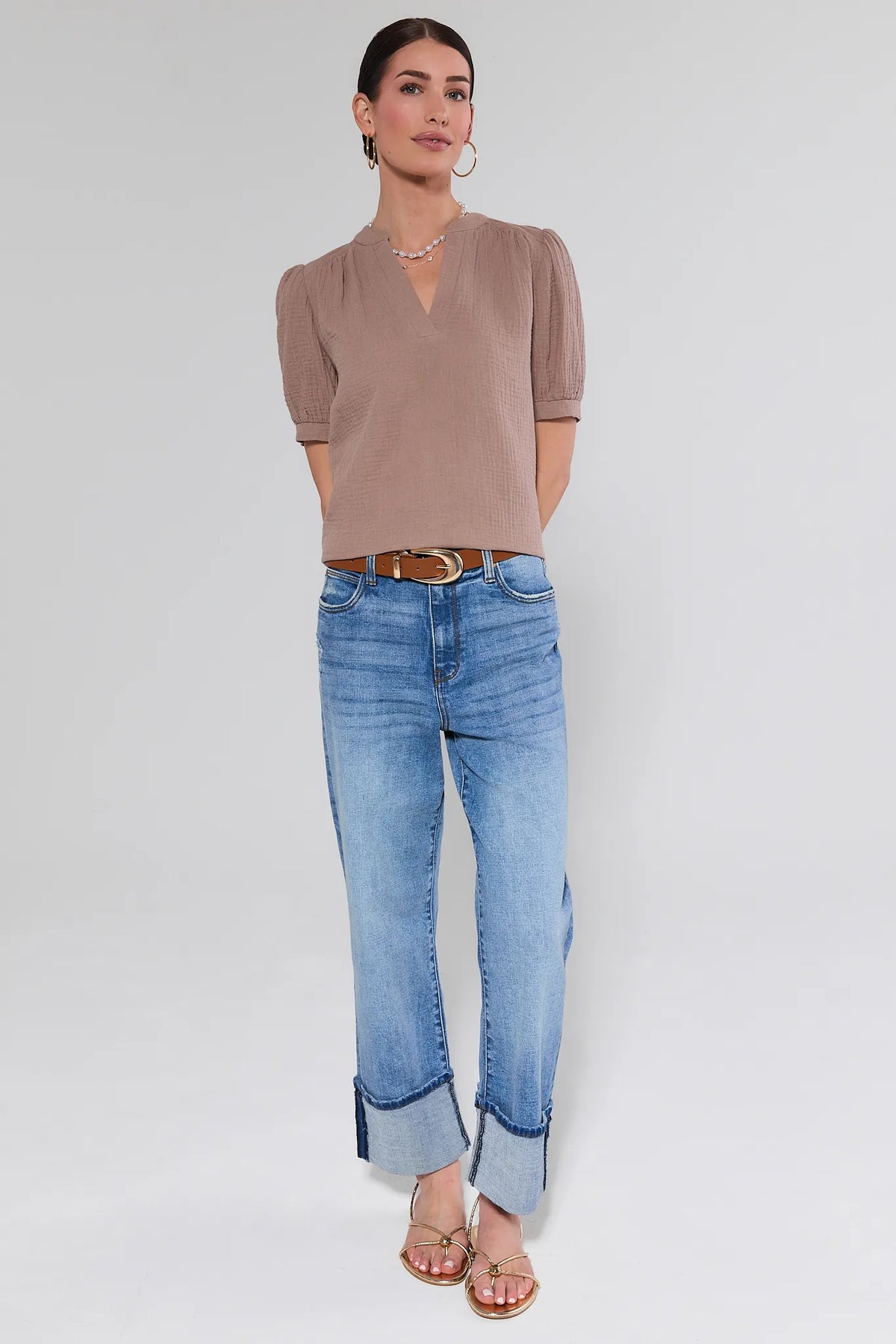 Tammy Taupe Puff Sleeve Gauze Top - Full Length On-Model with Jeans | Avara