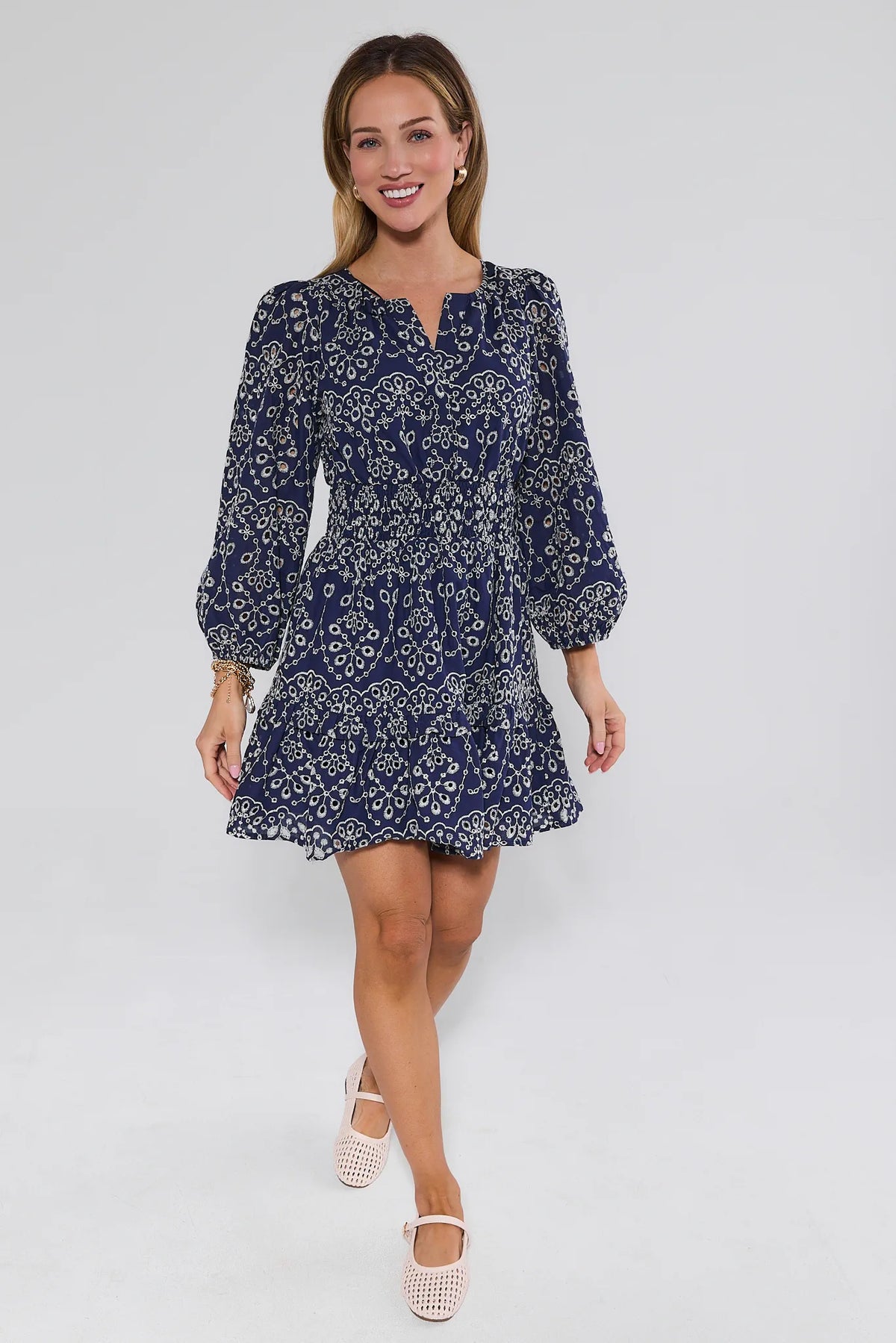 Emmie Navy Embroidered Short Dress - Full Length Front View, A-Line Tiered Hem | Avara