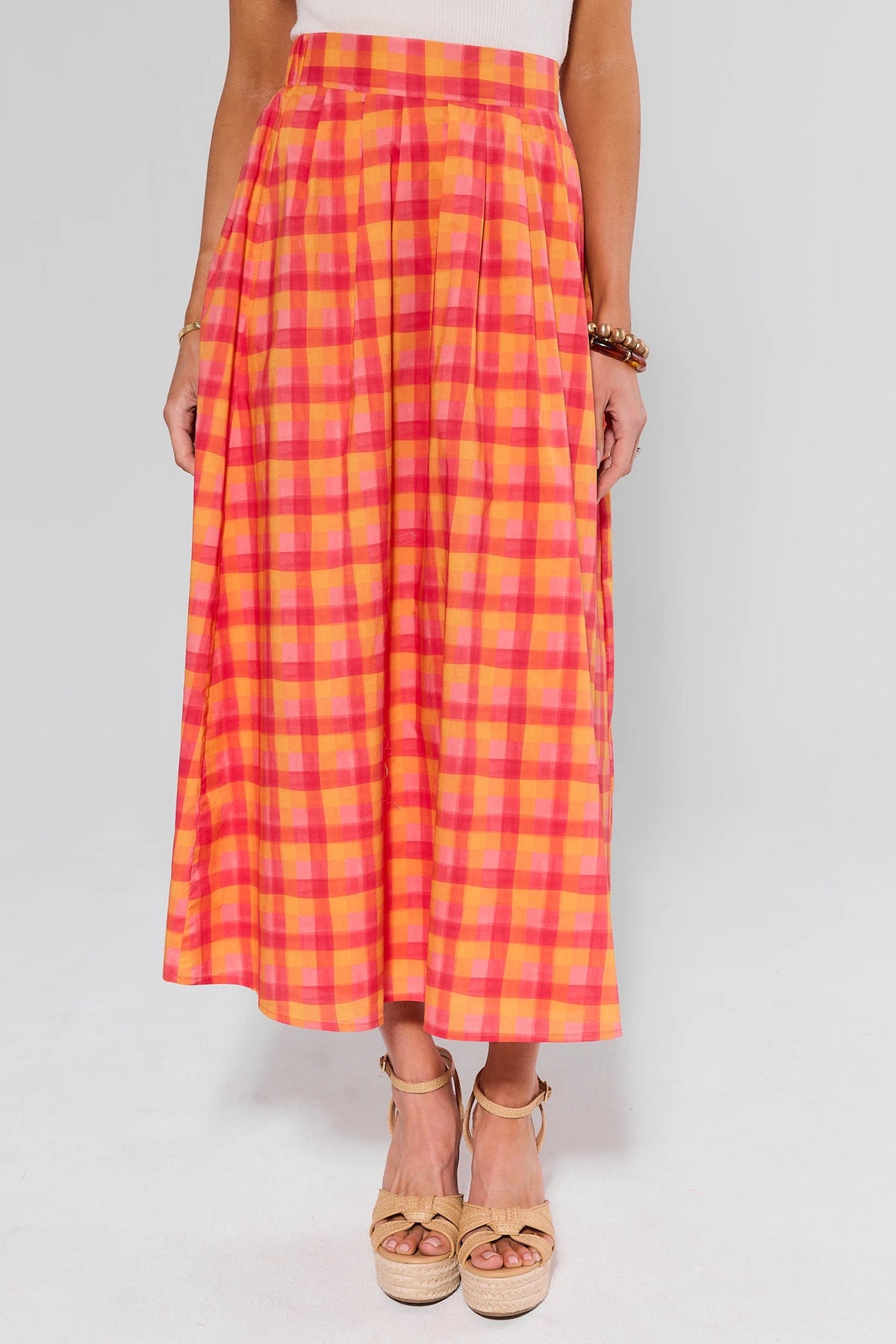 Estie Orange Plaid Midi Skirt - A-line Front View, orange pink plaid | Avara