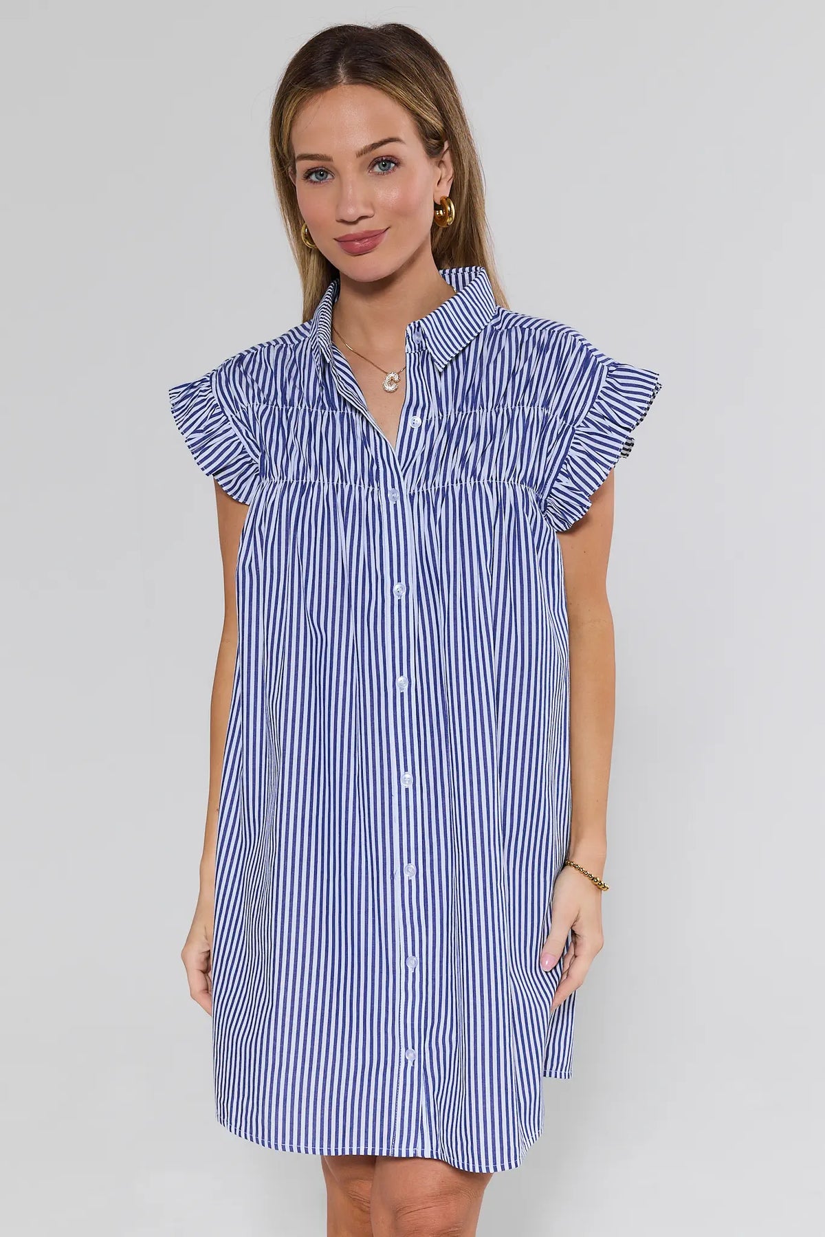 Navy striped short dress with ruffle sleeves and button-front shift silhouette - Front View | Avara