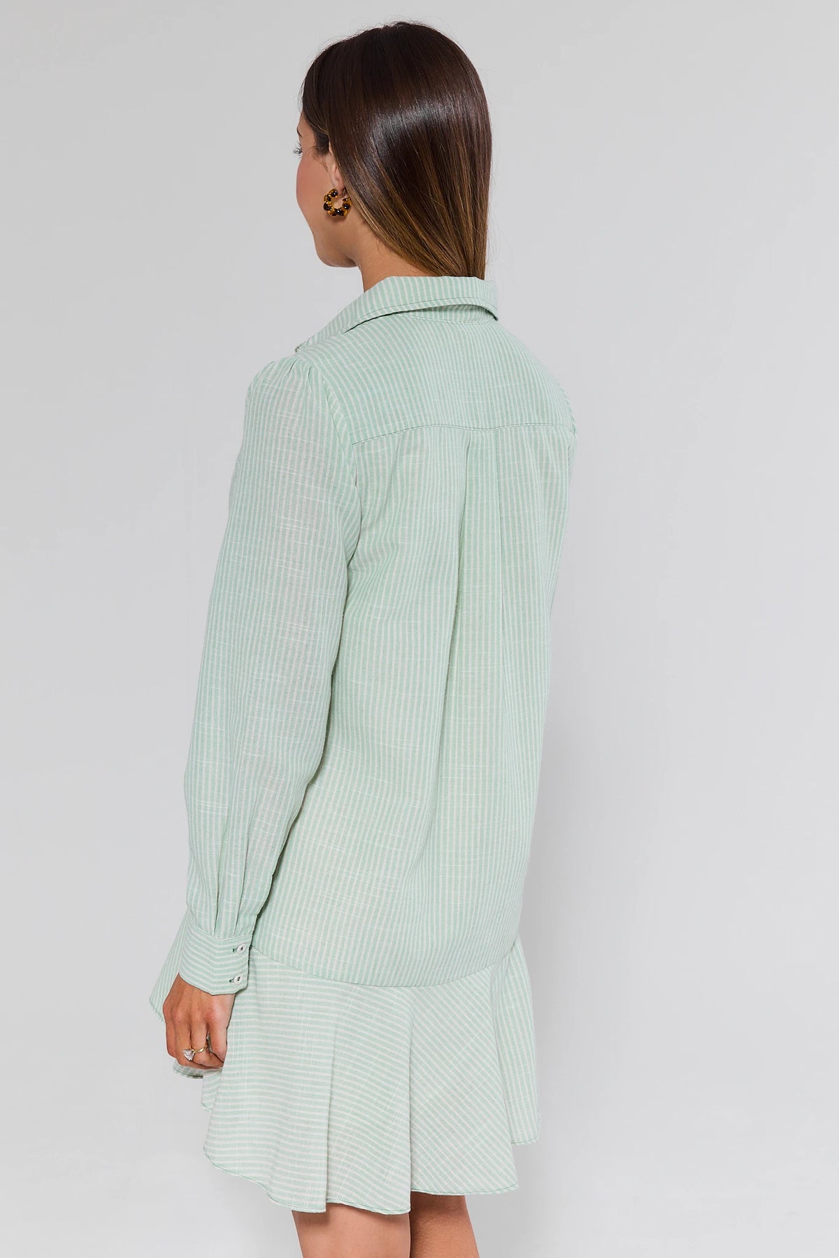 Meagan Green Striped Drop Waist Dress - Back Detail, Shirt Collar and Ruffle Hem | Avara