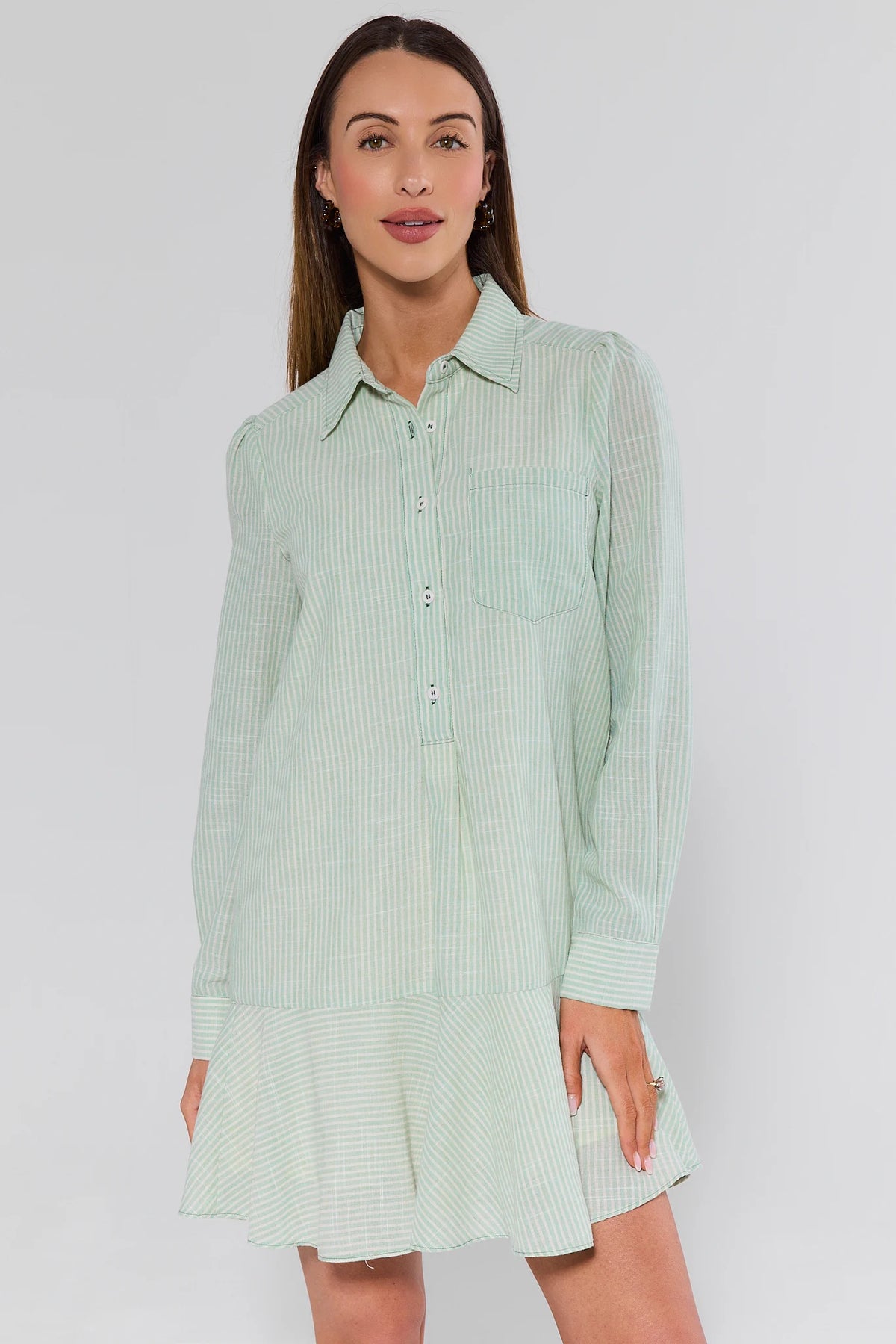 Meagan Green and White Striped Drop Waist Dress - Front View with Gold Sandals | Avara