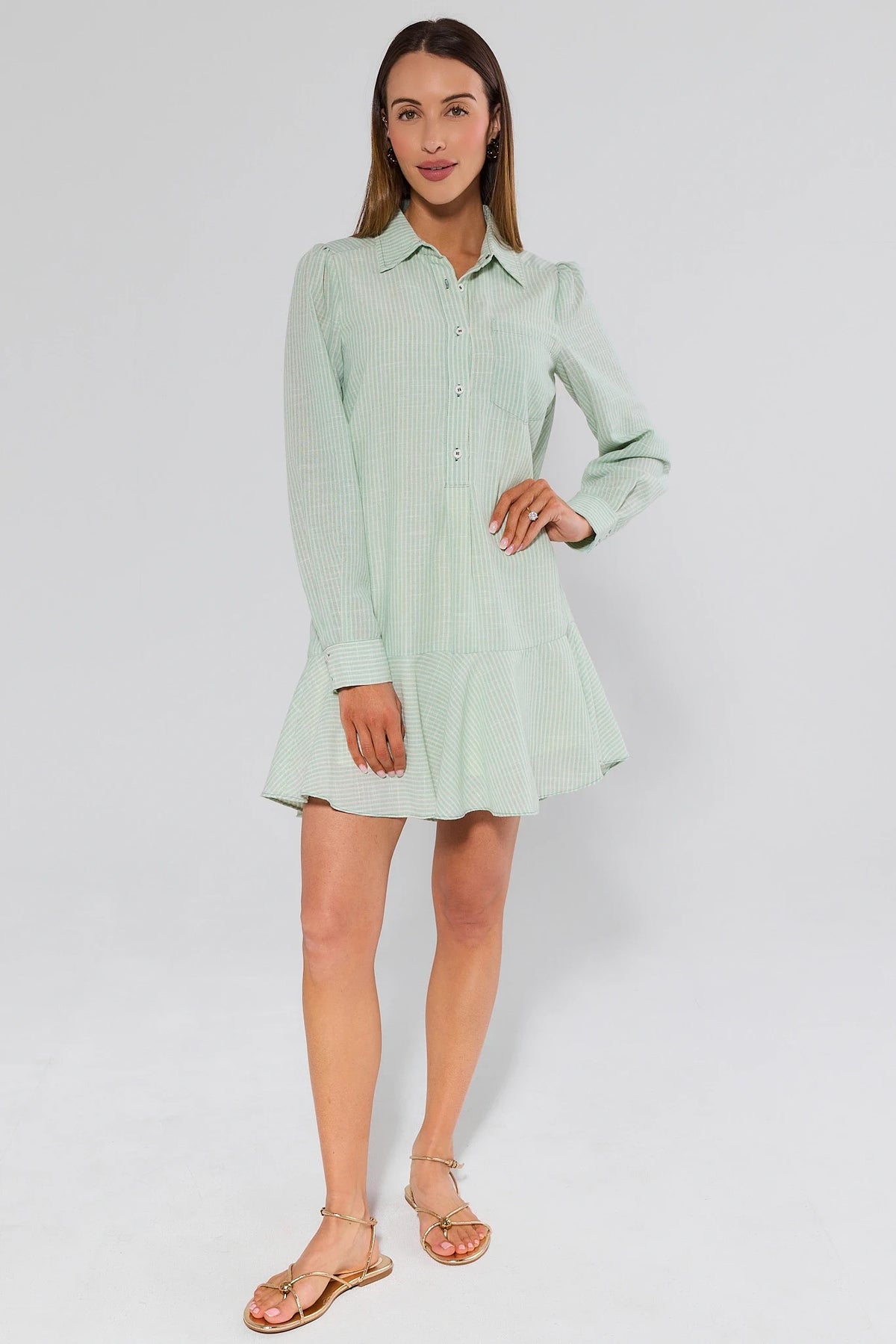 Meagan Green Striped Drop Waist Shirt Dress - Side Profile, Flowy Ruffle Hem Detail | Avara