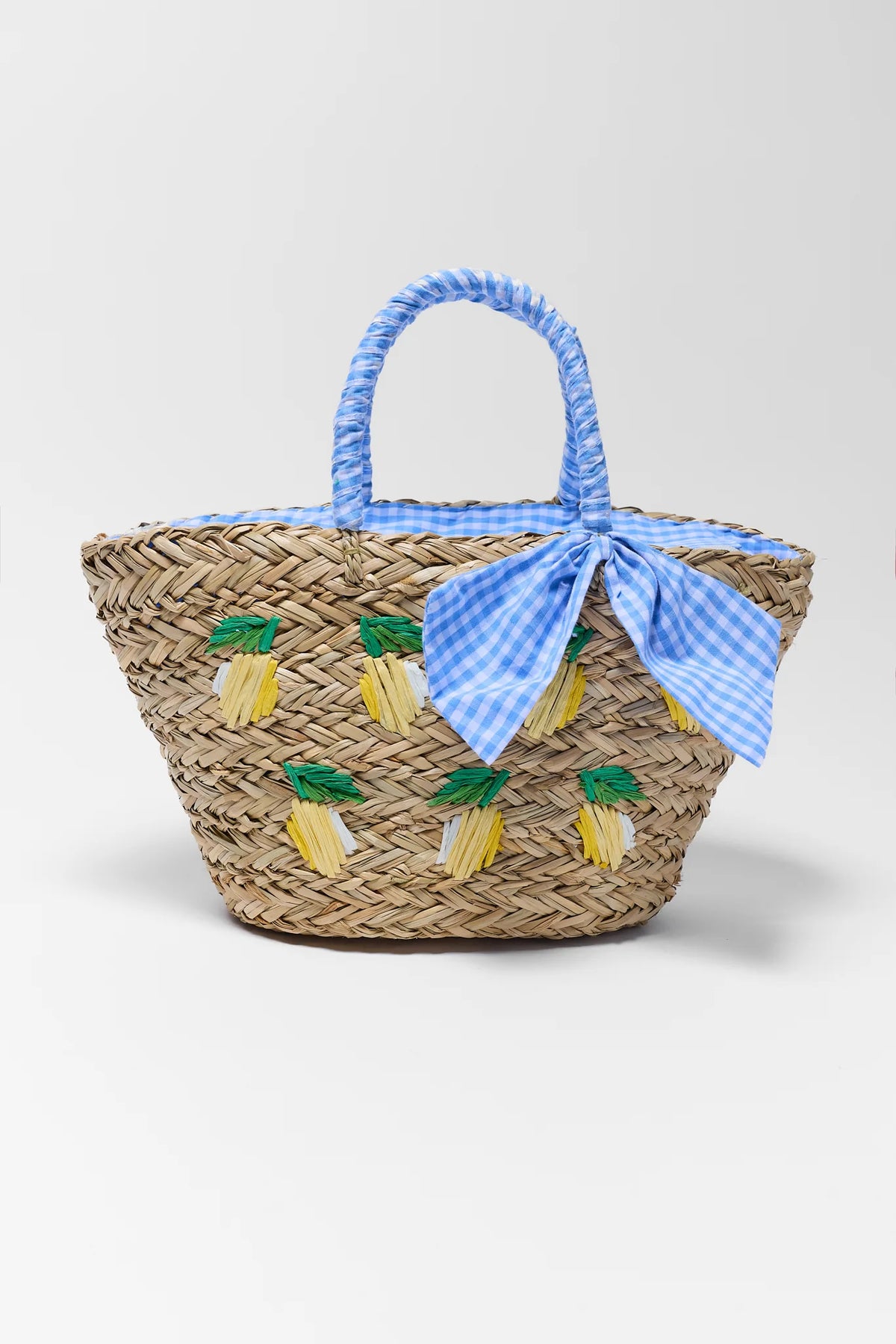 Gentry Woven Raffia Lemon Bag with blue gingham bow and handles - Front View | Avara