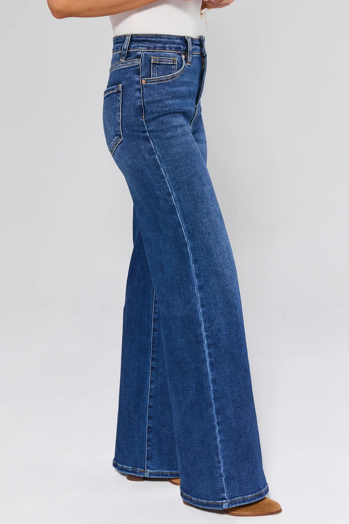 Linda Dark Wash High Rise Flare Jeans - Side Profile Flare Detail | Avara