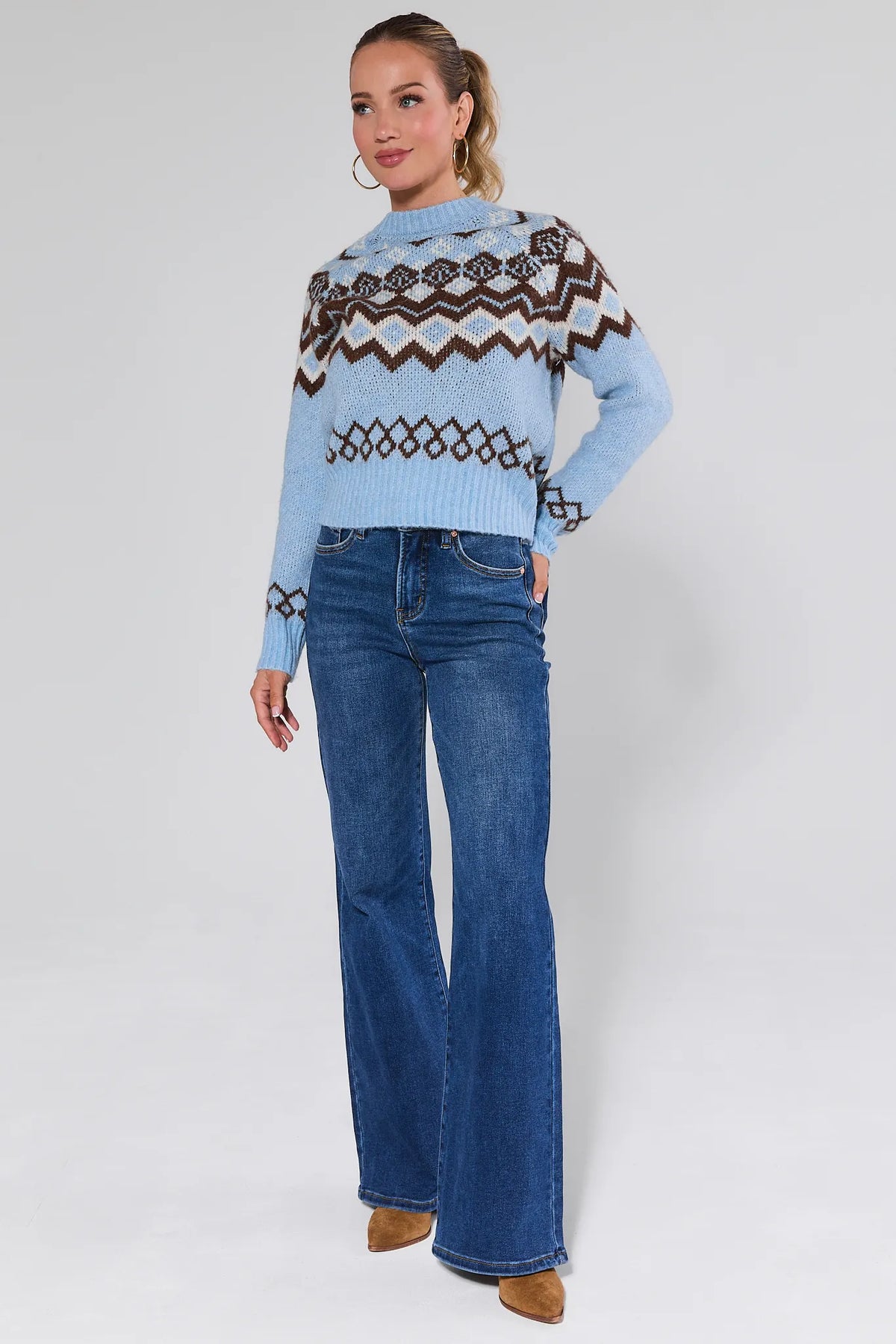 Linda Dark Wash Flare Jeans styled with blue Fair Isle sweater - Full Length Styled Look | Avara