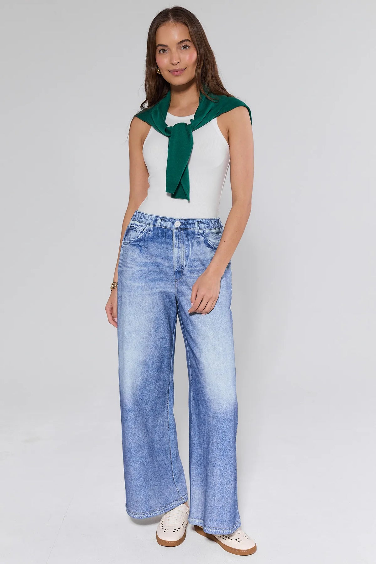 Blue Maeve Wide Leg Pants styled with white top and green scarf - Full Length On Model, Flowy Silhouette | Avara
