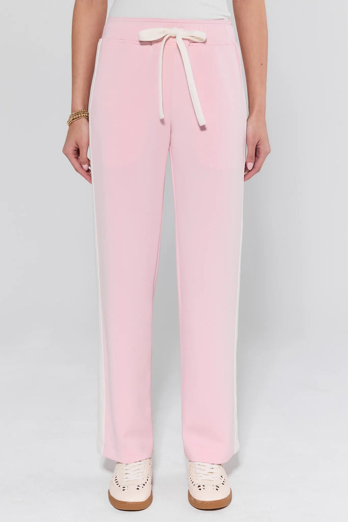 Katelyn Pink Stripe Lounge Pants with cream drawstring waistband and side stripe - Front View On Model | Avara