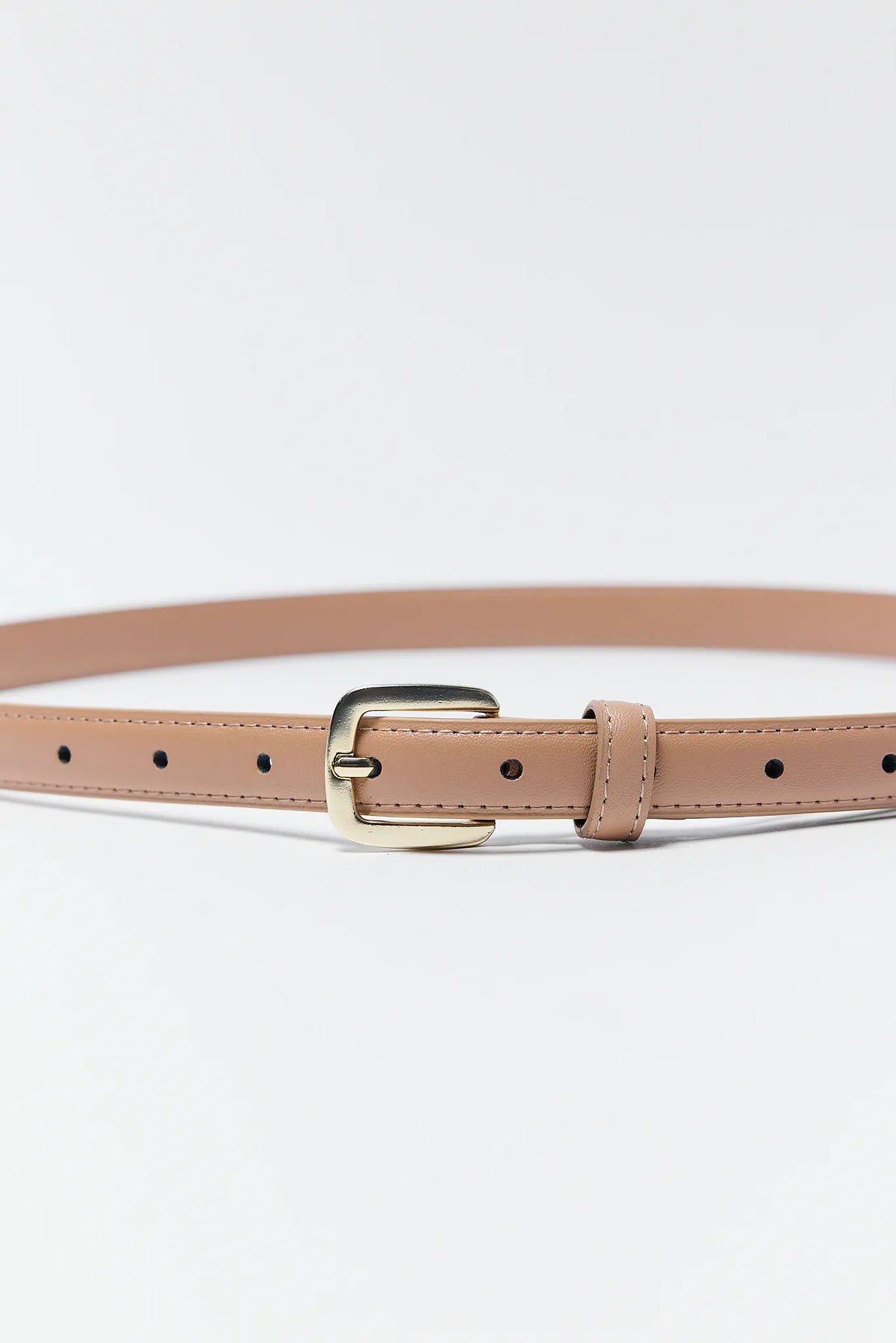 Aubrey Nude Buckle Belt Gold Hardware Close-Up Detail - Faux Leather Women's Belt | Avara