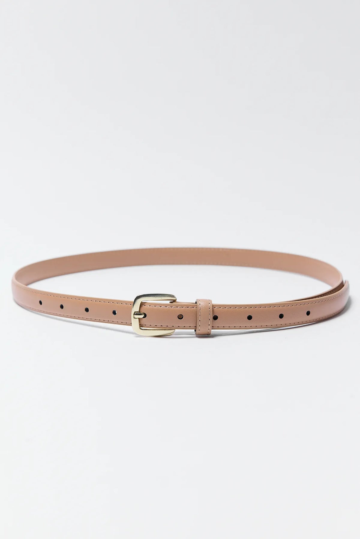 Aubrey Nude Faux Leather Buckle Belt Full View - Slim Women's Belt with Gold Tone Hardware | Avara