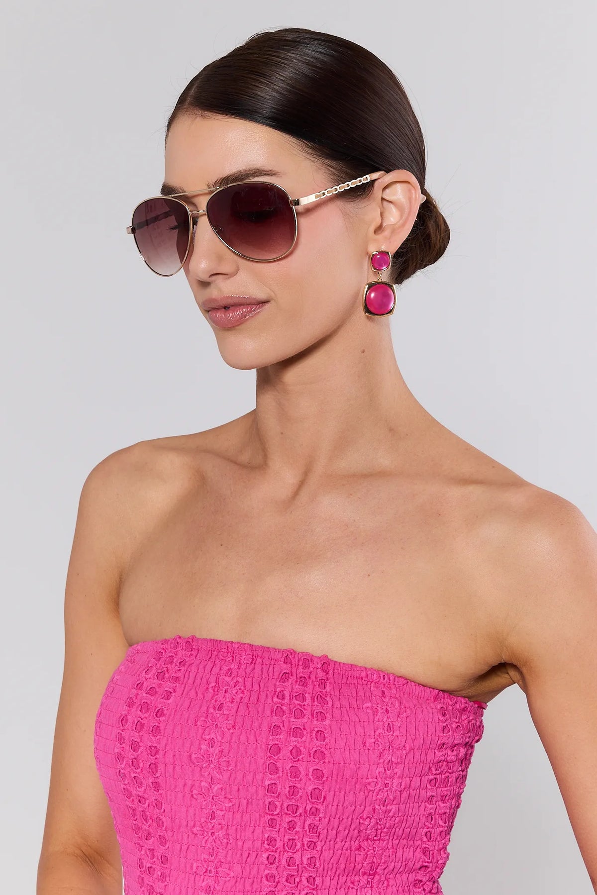 Hillary Brown Aviator Sunglasses with rose gold metal frame, gradient lenses - On Model Side Profile | Avara