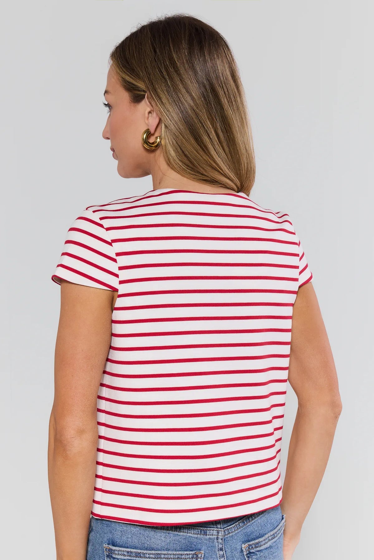 Pippa Red Striped Button Up Top worn with denim - Back View | Avara