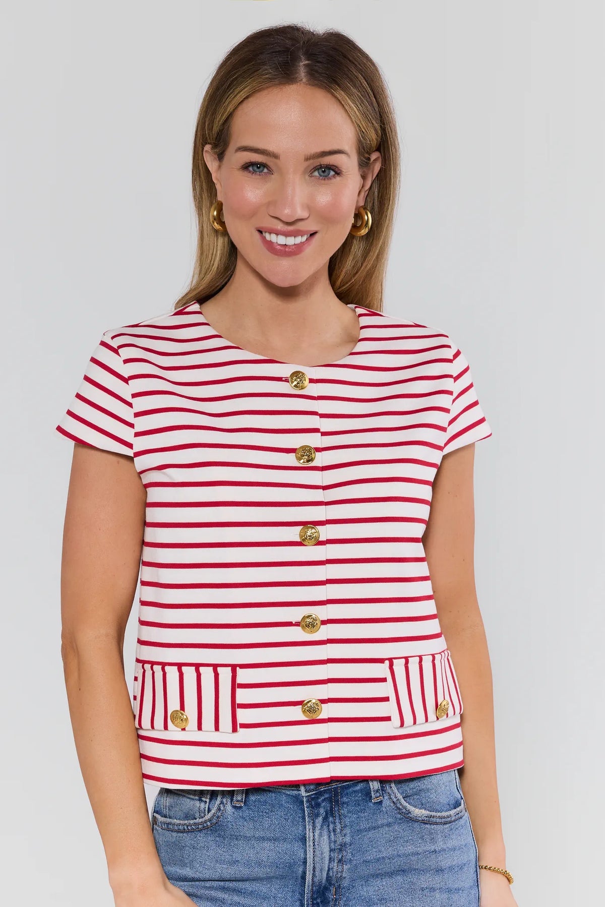 Pippa Red Striped Button Up Top with gold buttons and patch pockets - Front View | Avara