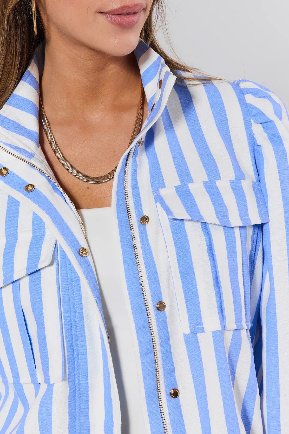 Annabella Blue Striped Cropped Jacket gold zip and snap closure close-up detail | Avara