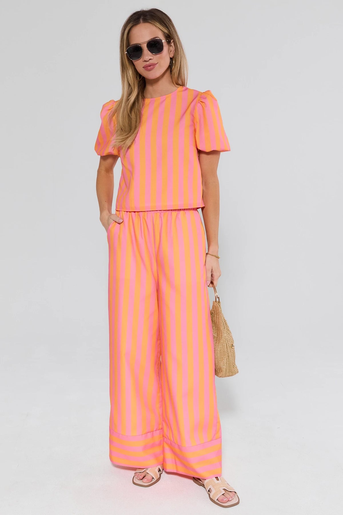 Marney Pink Orange Striped Matching Set Top and Wide Leg Pants - Full Length Look | Avara