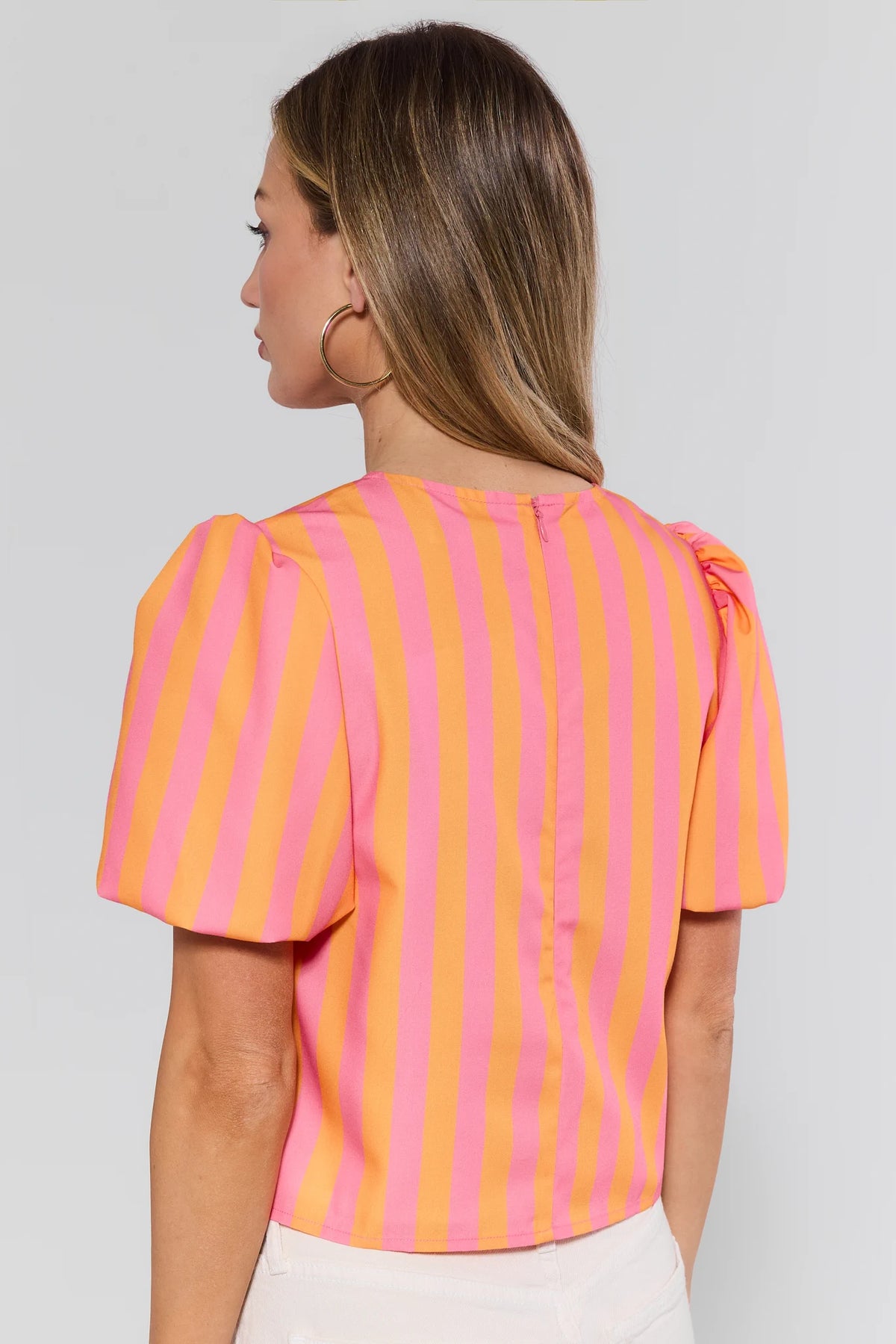 Marney Pink Orange Striped Top with back zip closure - Back View On Model | Avara