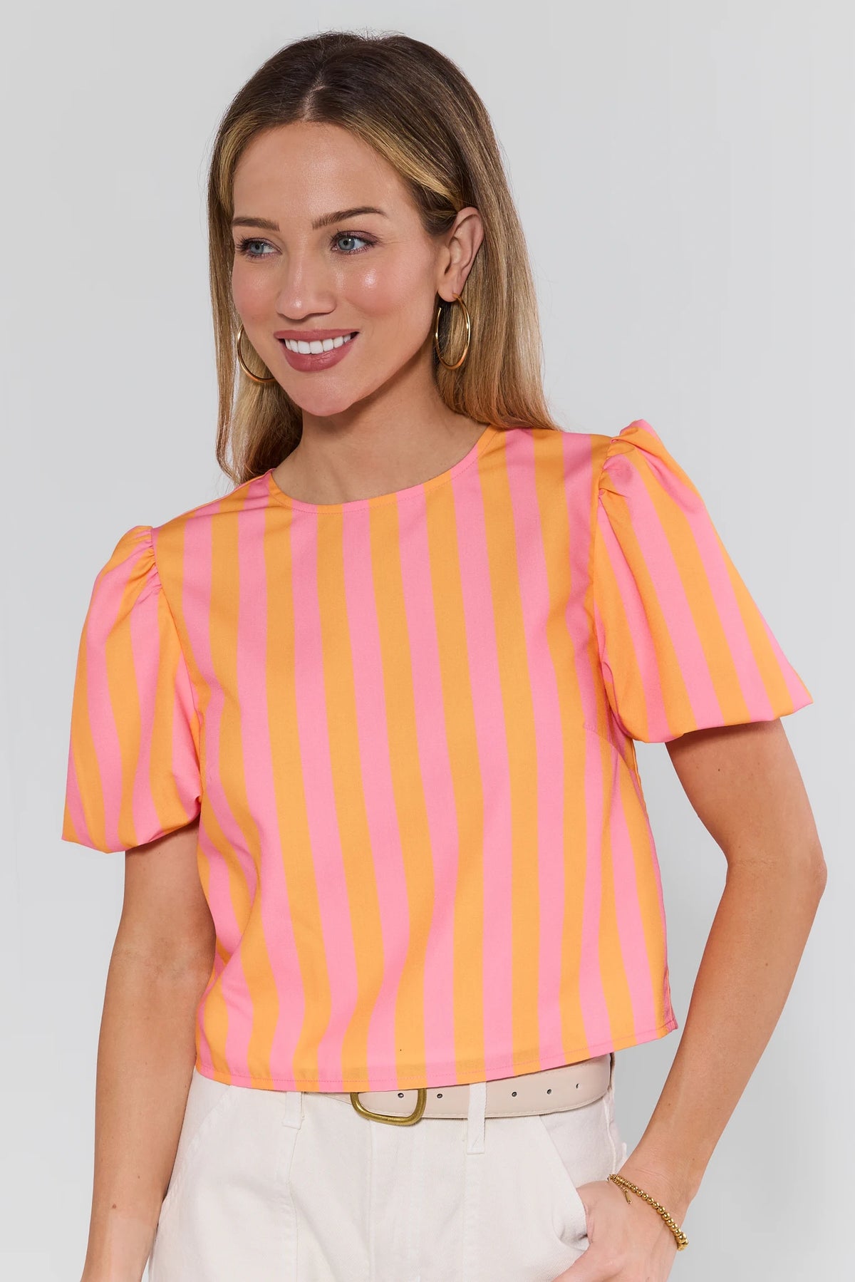 Marney Pink Orange Striped Top with puff sleeves - Front View On Model | Avara