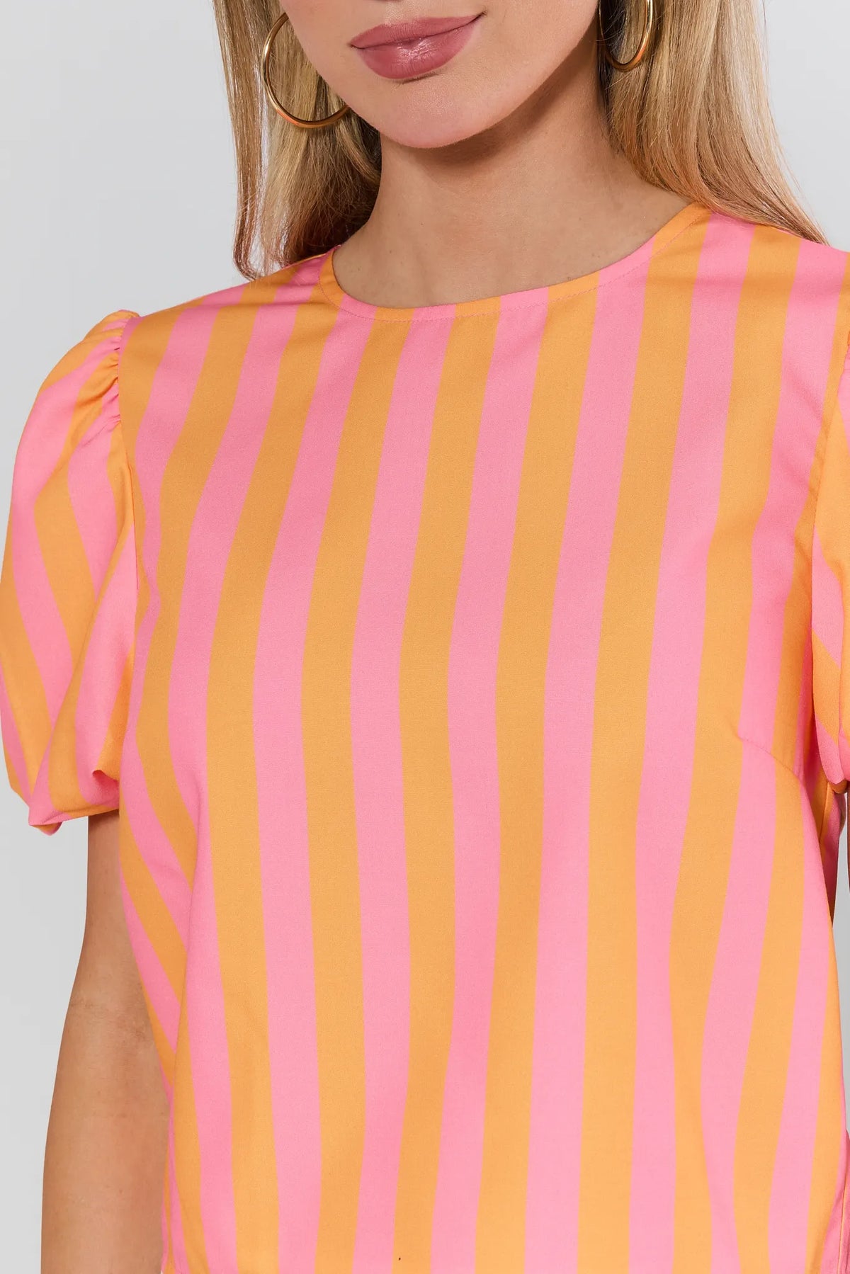 Marney Pink Orange Striped Top - Neckline & Puff Sleeve Close-Up Detail | Avara