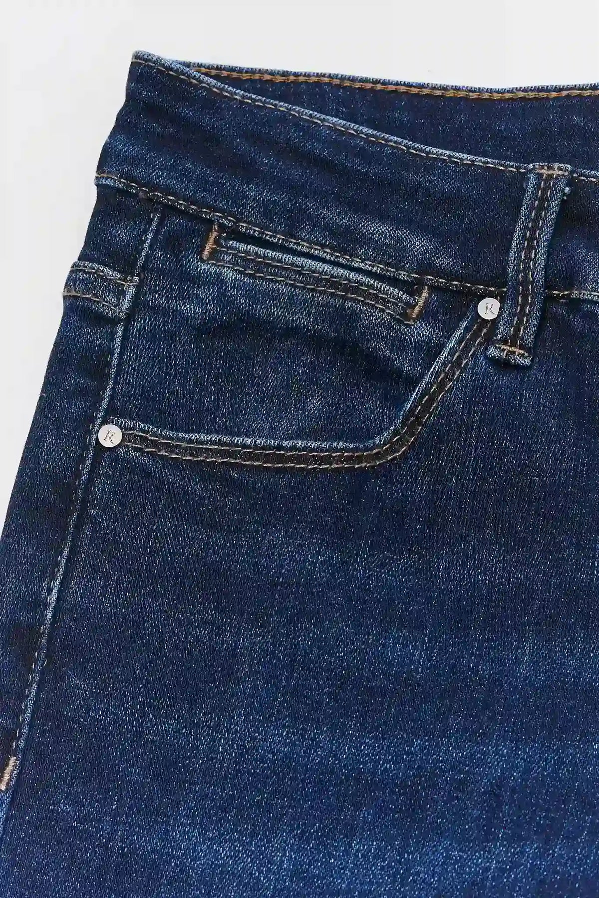 Dark Wash Denim Cropped Kick Flare Jeans - Front Pocket & Risen Rivet Close-Up Detail | Avara