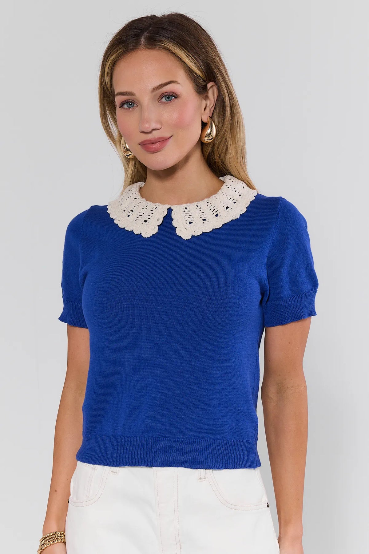 Addison Blue Knit Short Sleeve Top with cream crochet Peter Pan collar - Front View | Avara