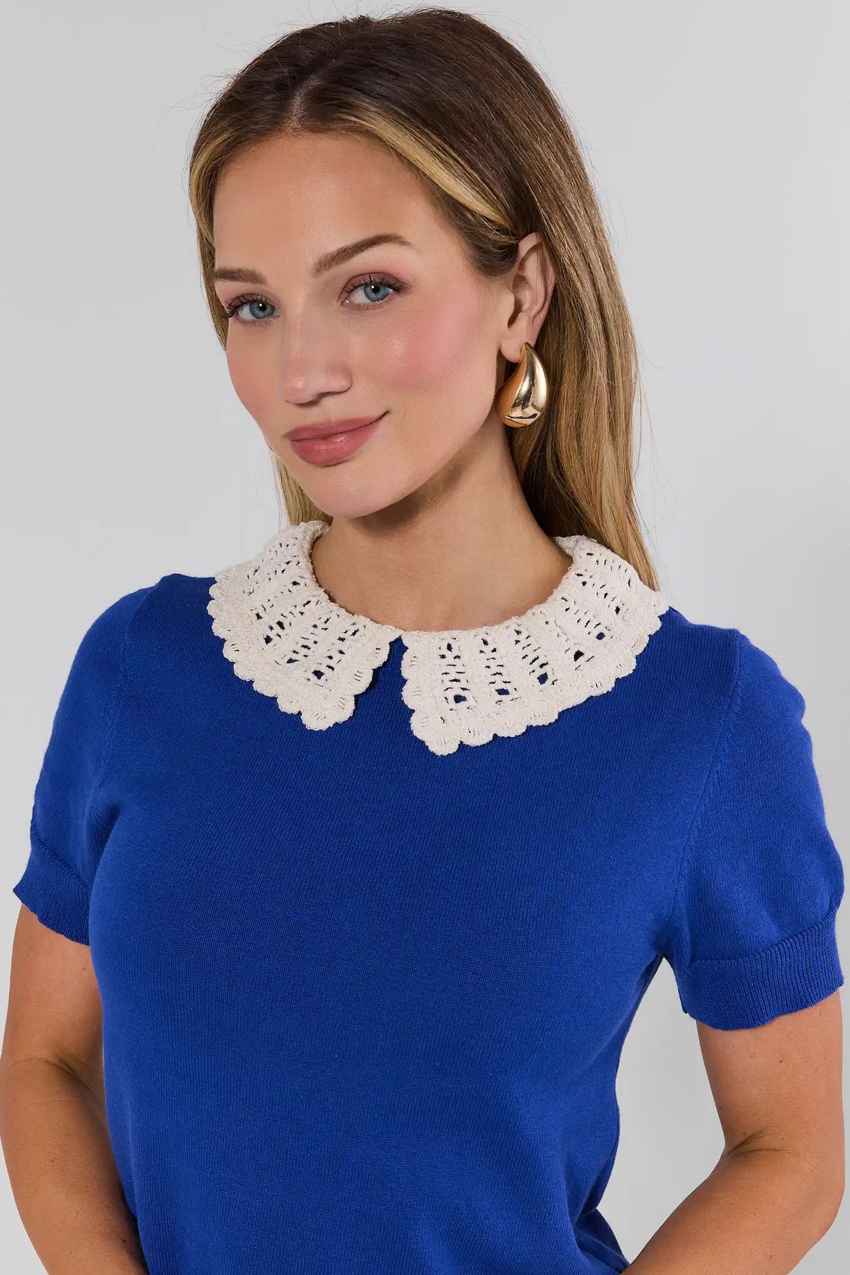 Addison Blue Knit Top with cream crochet collar - Close-Up Collar Detail | Avara