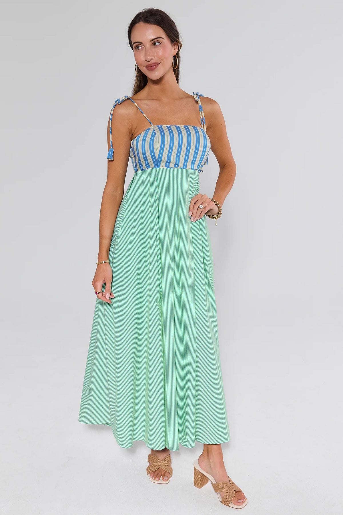 Ashton Multi Striped Maxi Dress in blue and mint green, front view on model with block heels | Avara