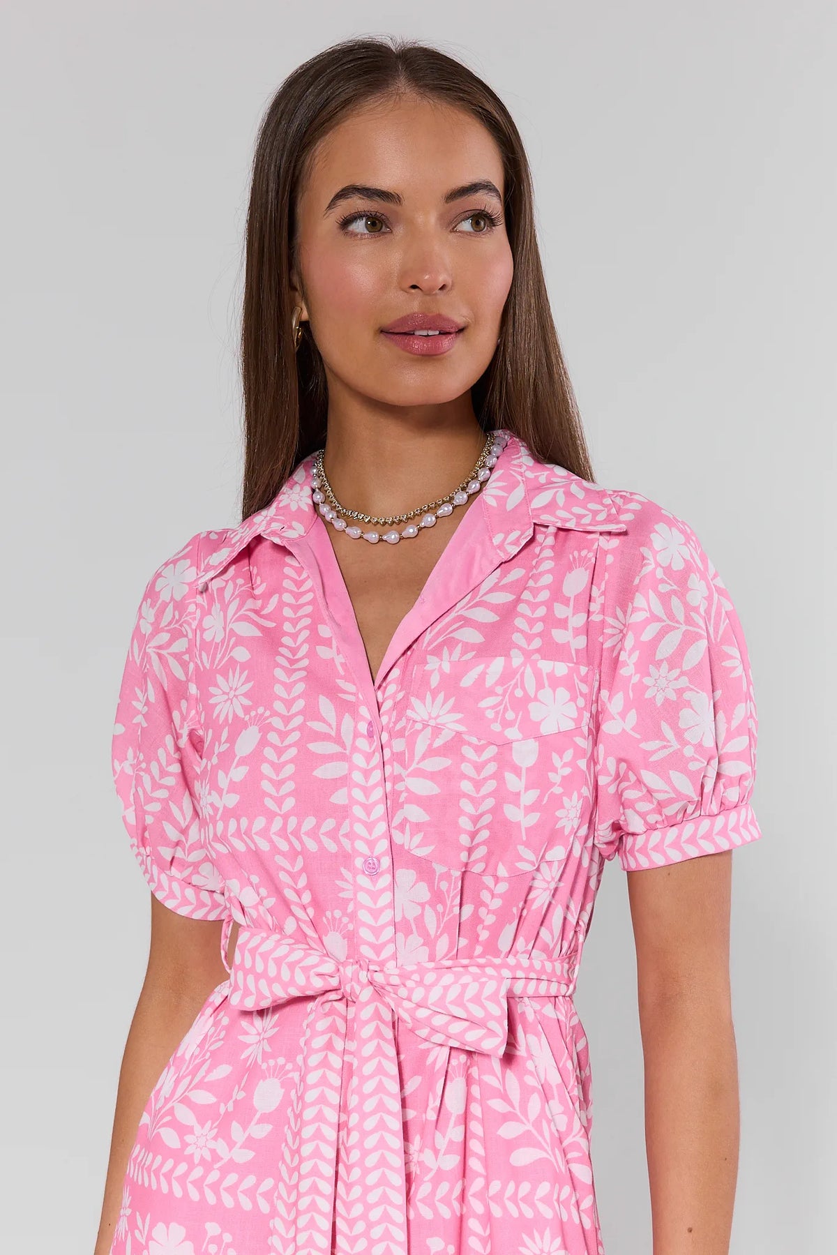 Pink white floral Magnolia midi dress collar neckline and puff sleeve detail close-up, modest dress | Avara