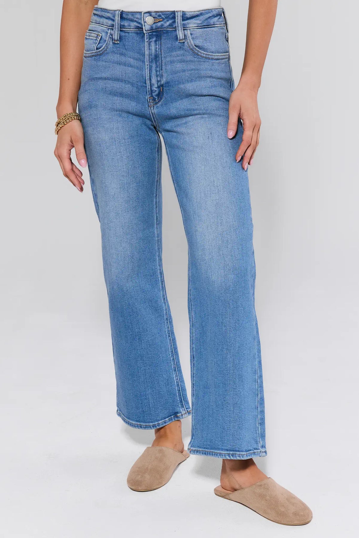 Hailey Medium Wash Wide Leg Jeans - High Rise Front View with Tan Mules | Avara