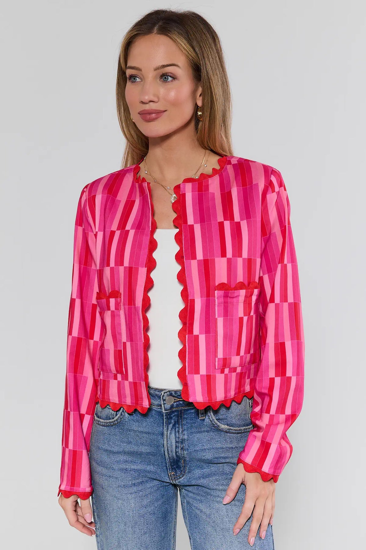 Jesse Pink Printed Scalloped Jacket paired with wide-leg jeans and gold sandals - Full Length Front | Avara