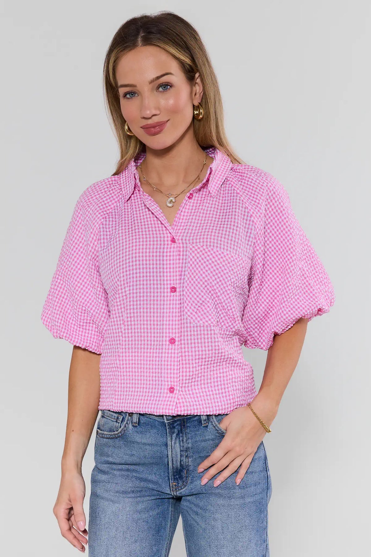 Ashton Pink Gingham Short Sleeve Top styled with blue jeans - Front View | Avara