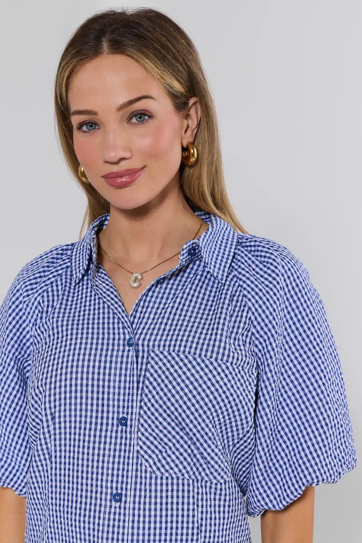 Ashton Navy Gingham Top - Close-Up Collar & Chest Pocket Detail | Avara
