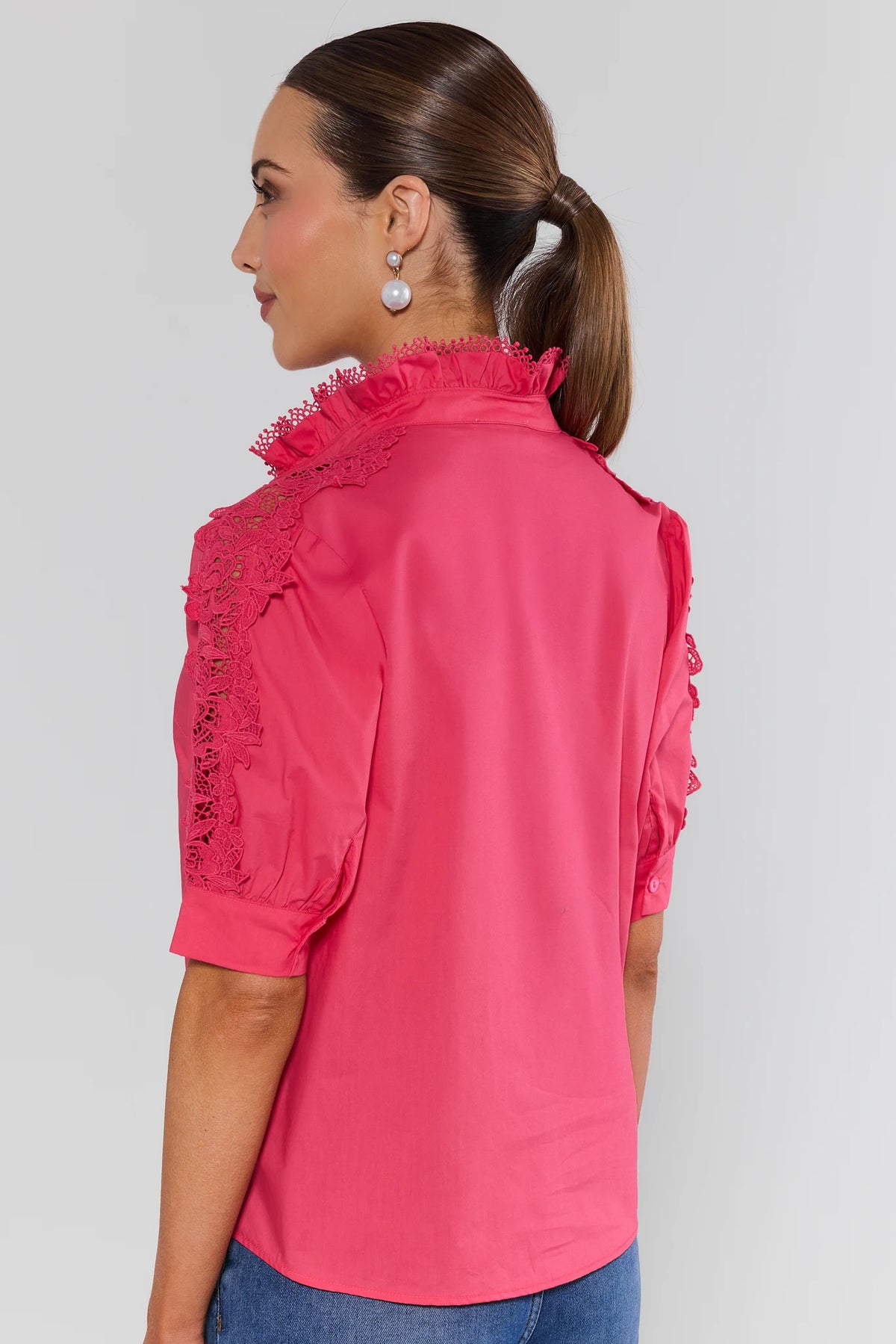 Maribeth Pink Lace Button Up Top back view showing lace sleeve detail and clean button-front back | Avara