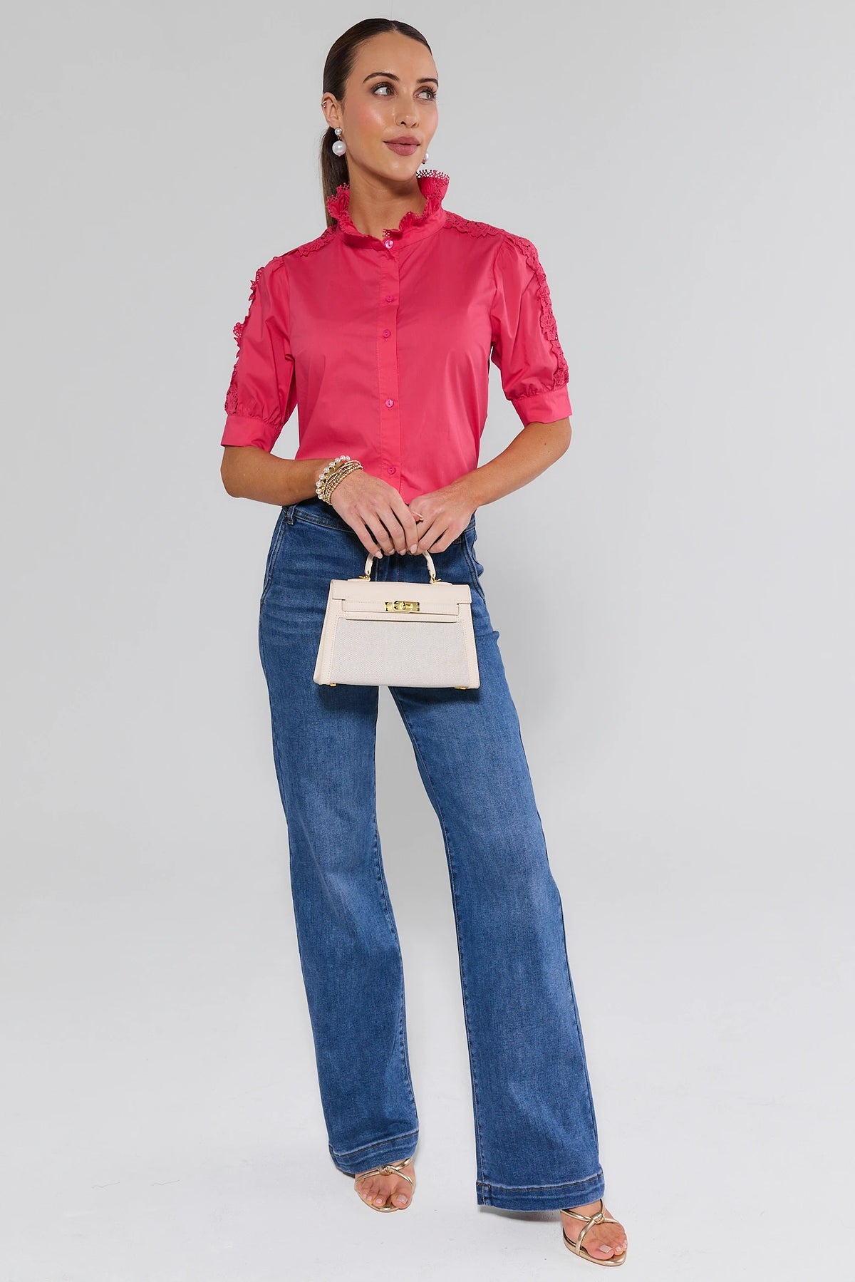 Maribeth Pink Lace Button Up Top styled with wide-leg jeans and cream handbag, full-length view | Avara
