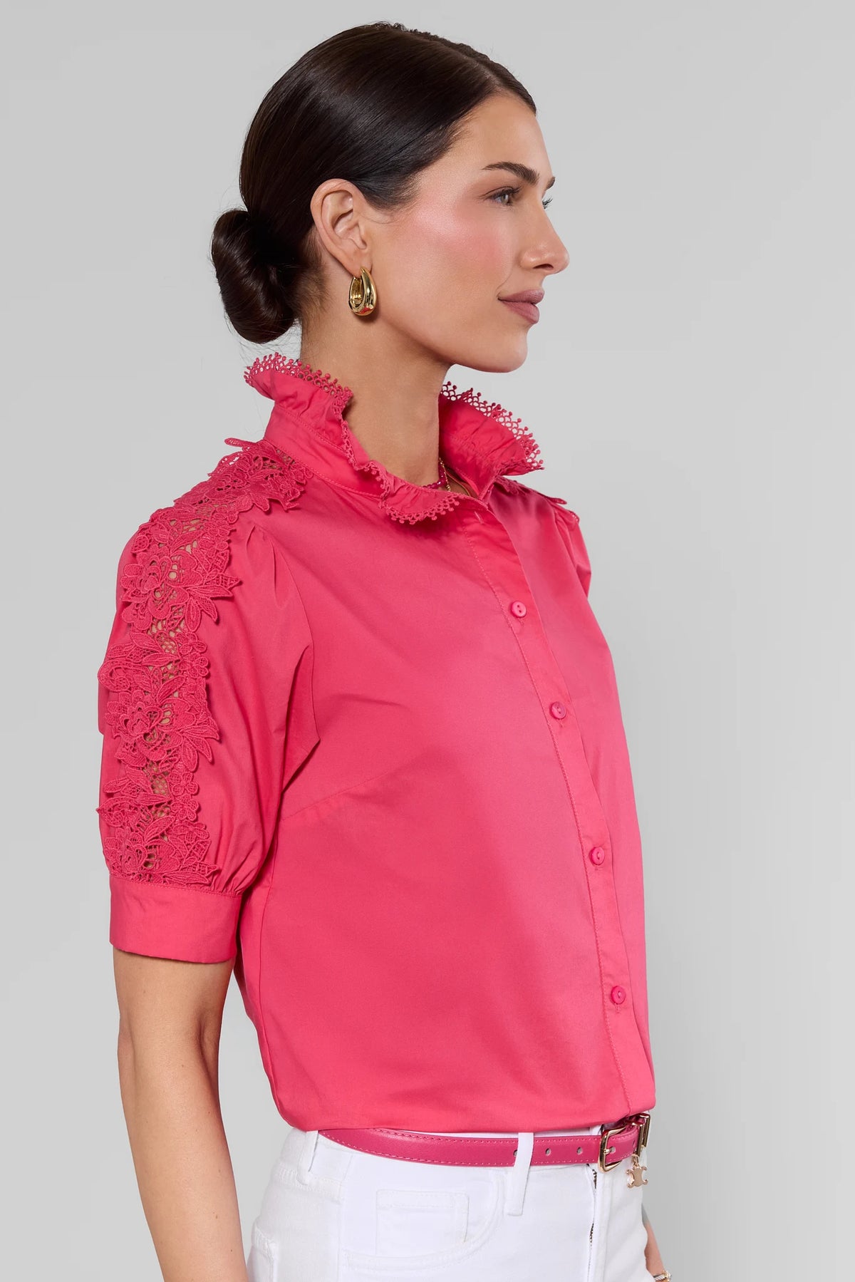 Pink lace-inset button-up top with ruffle collar, side angle on model - Maribeth Top | Avara