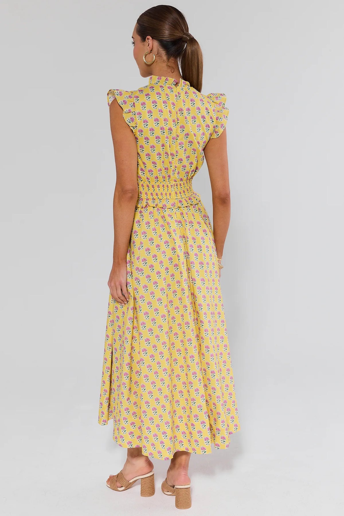 Magdalen Yellow Floral Maxi Dress - Back View, smocked waist detail on long yellow dress | Avara