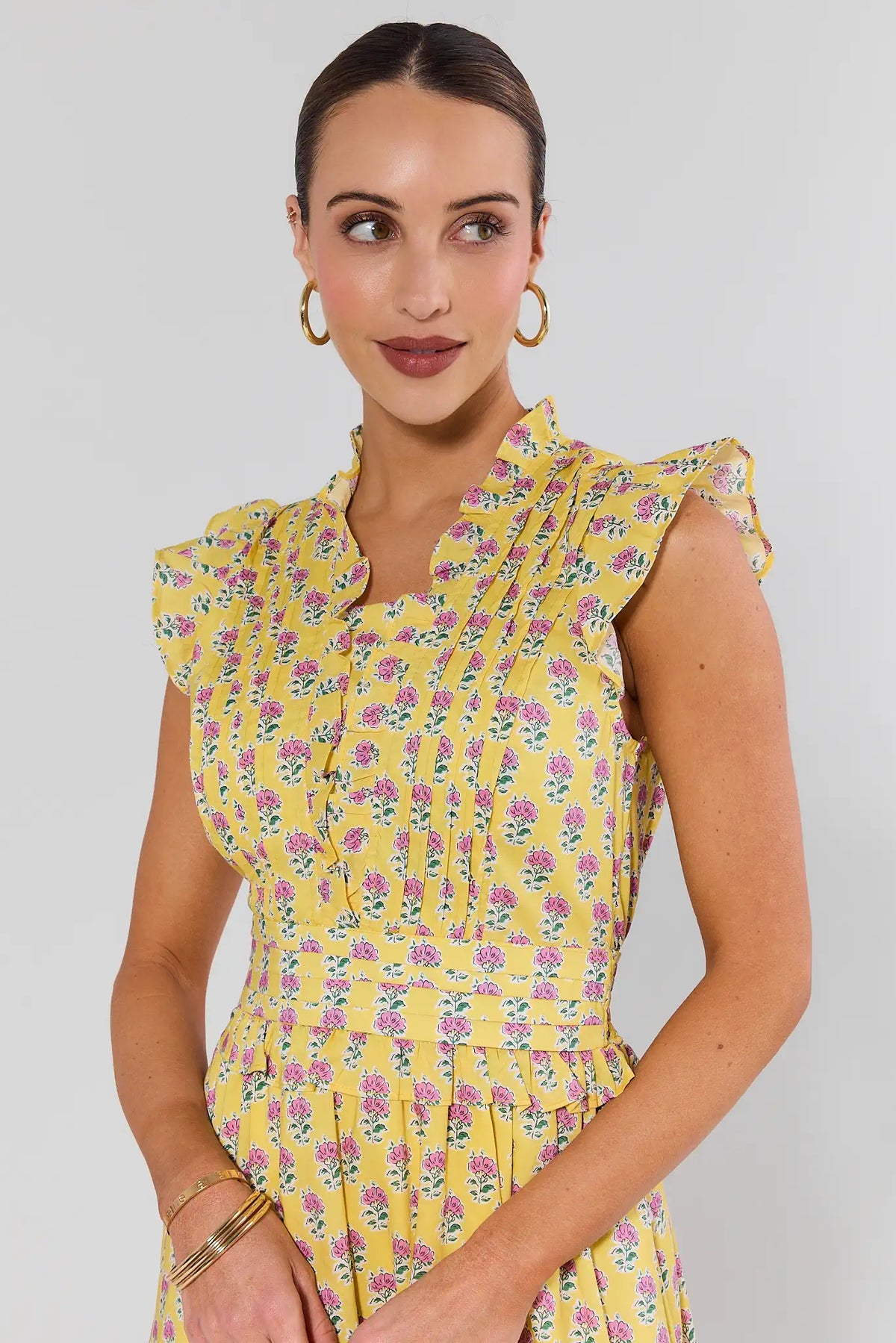 Magdalen Yellow Floral Maxi Dress - Close-Up Bodice Detail, ruffle V-neckline | Avara