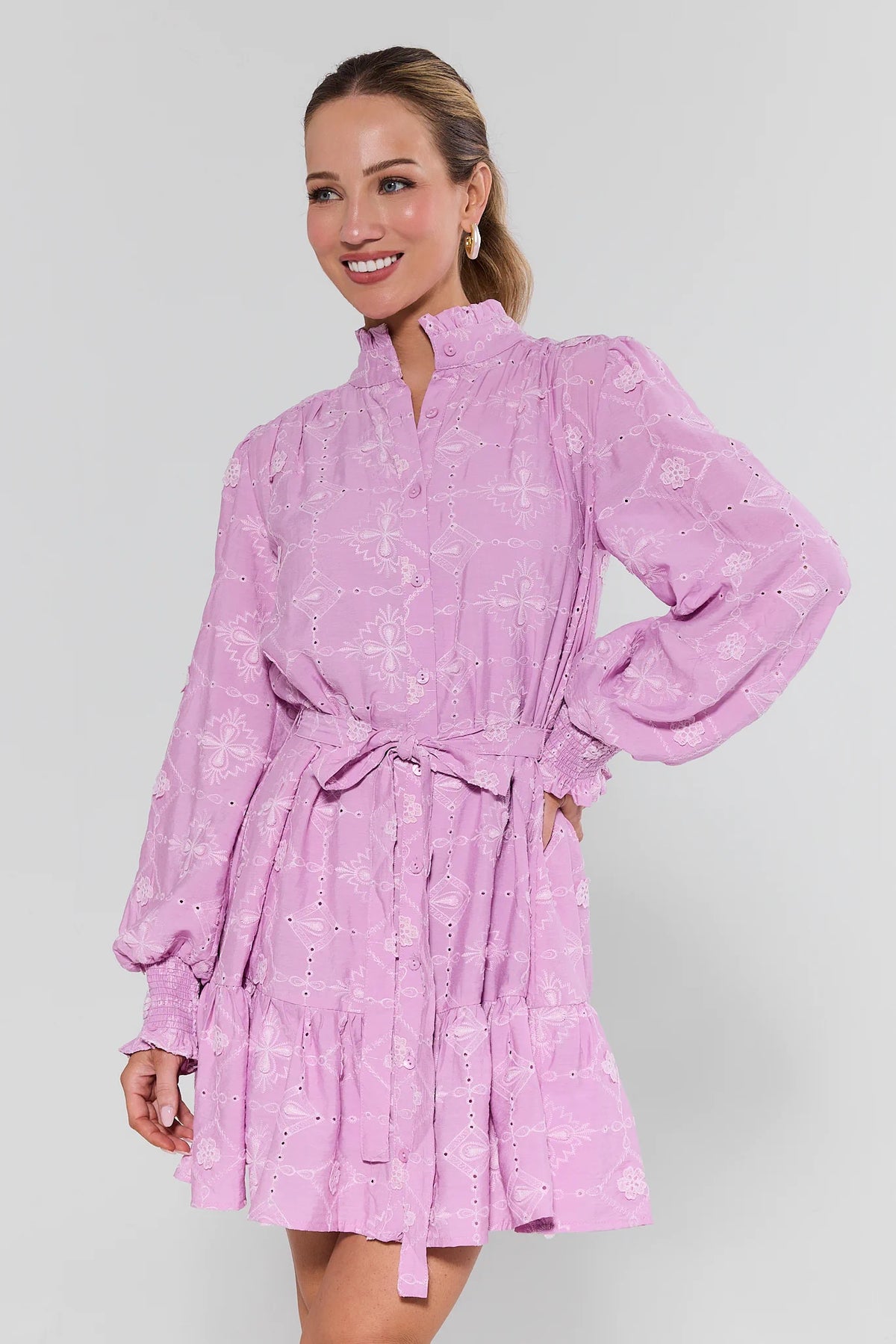 Lilac Embroidered Short Dress with ruffle neckline and tie waist - Front Angle | Avara