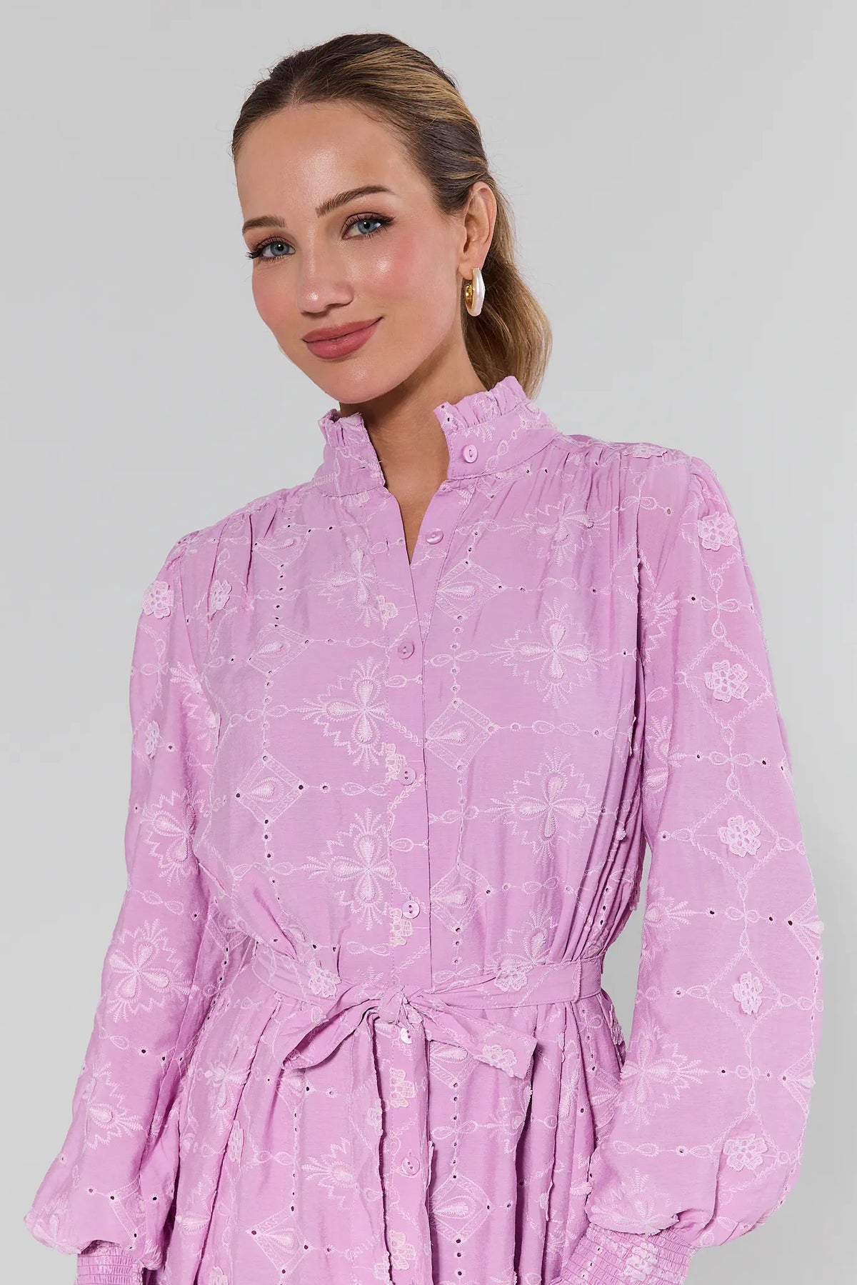 Orchid Lilac Embroidered Short Dress - Close-Up Bodice Detail, Ruffle Collar | Avara